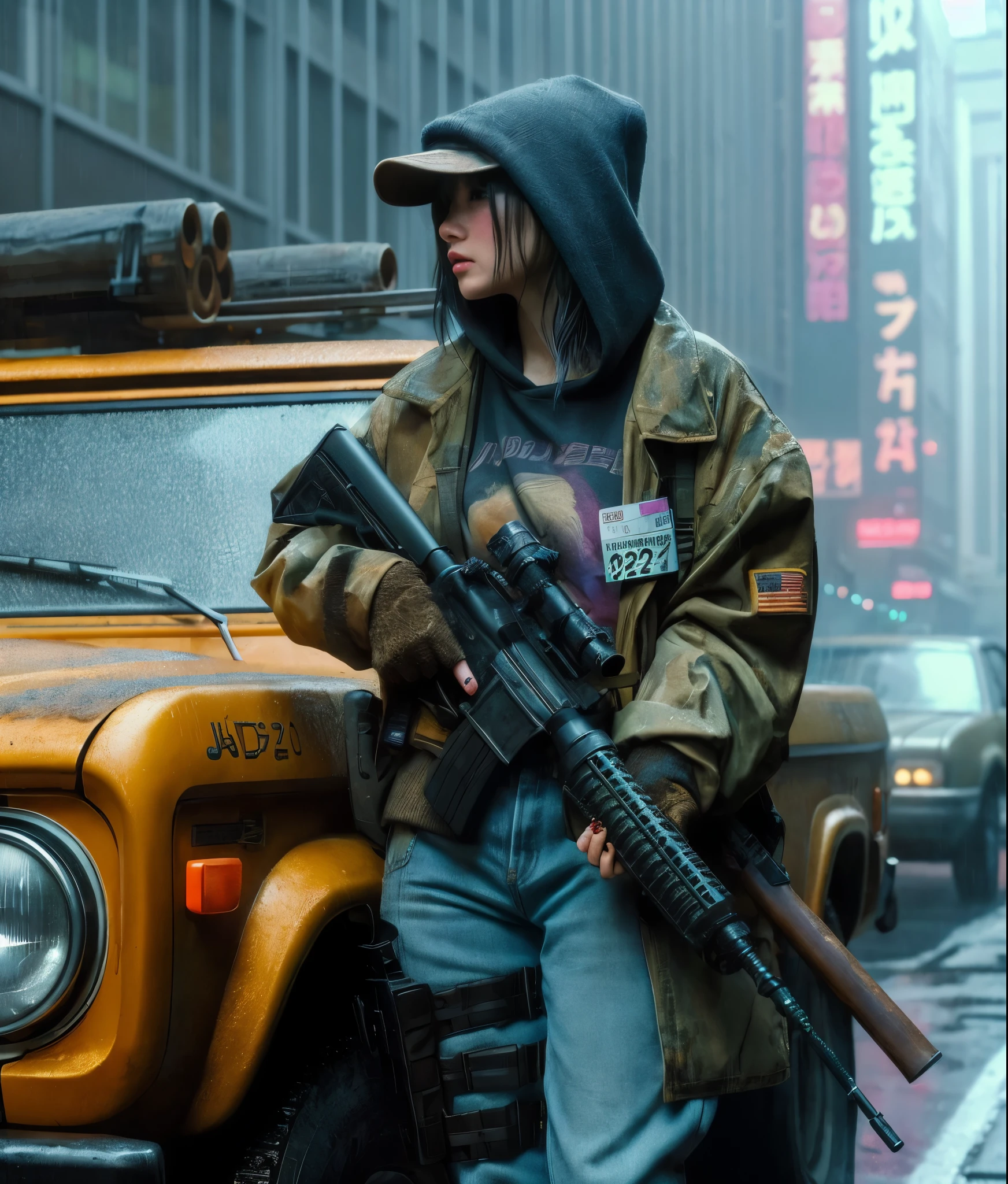 8k,Realistic Skin Texture、Realistic Photo、Neo Tokyo、Japanese women、Near future、AD2050、Dirty hunting jacket、Wearing multiple shirts and hoodies、Used automatic rifle、sneakers、Knit cap、、cold、Dynamic pose、Innovative composition、revenge、Near futureの街に不釣り合いな古びた1966年製フォード・ブロンコ、cyber punk、、