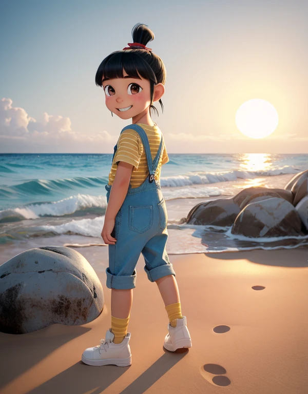 1girl, Black hair with straight bangs and a ponytail with a red band, big round brown eyes, slightly blushed cheeks, smiling expression, wearing a striped yellow and blue shirt, blue overalls, white shoes with gray soles ocean, palms, sand, sun, (child:1.2), rocks, back view, ass