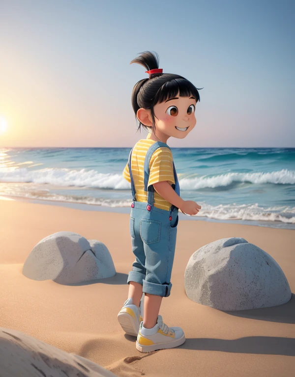 1girl, Black hair with straight bangs and a ponytail with a red band, big round brown eyes, slightly blushed cheeks, smiling expression, wearing a striped yellow and blue shirt, blue overalls, white shoes with gray soles ocean, palms, sand, sun, (child:1.2), rocks, back view, ass