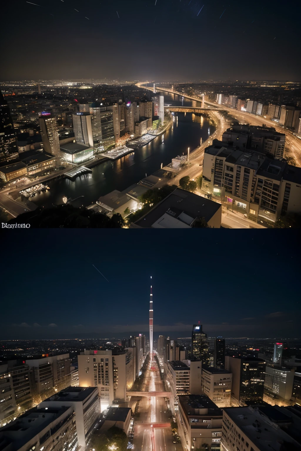 ((melhor qualidade)), ((obra de arte)), (detalhado), rosto perfeito "Imagine a futuristic city under a starry sky, with sparkling skyscrapers reflecting the night lights. No horizonte, suspension bridges connect the buildings, while flying vehicles pass between them. Na base, ruas movimentadas se estendem com pessoas indo e vindo, adding a sense of pulsating life. This modern urban vision, capturada em tons de azul profundo e violeta, is the focal point of an open-concept living room, inviting you to dream and explore a world of possibilities."
