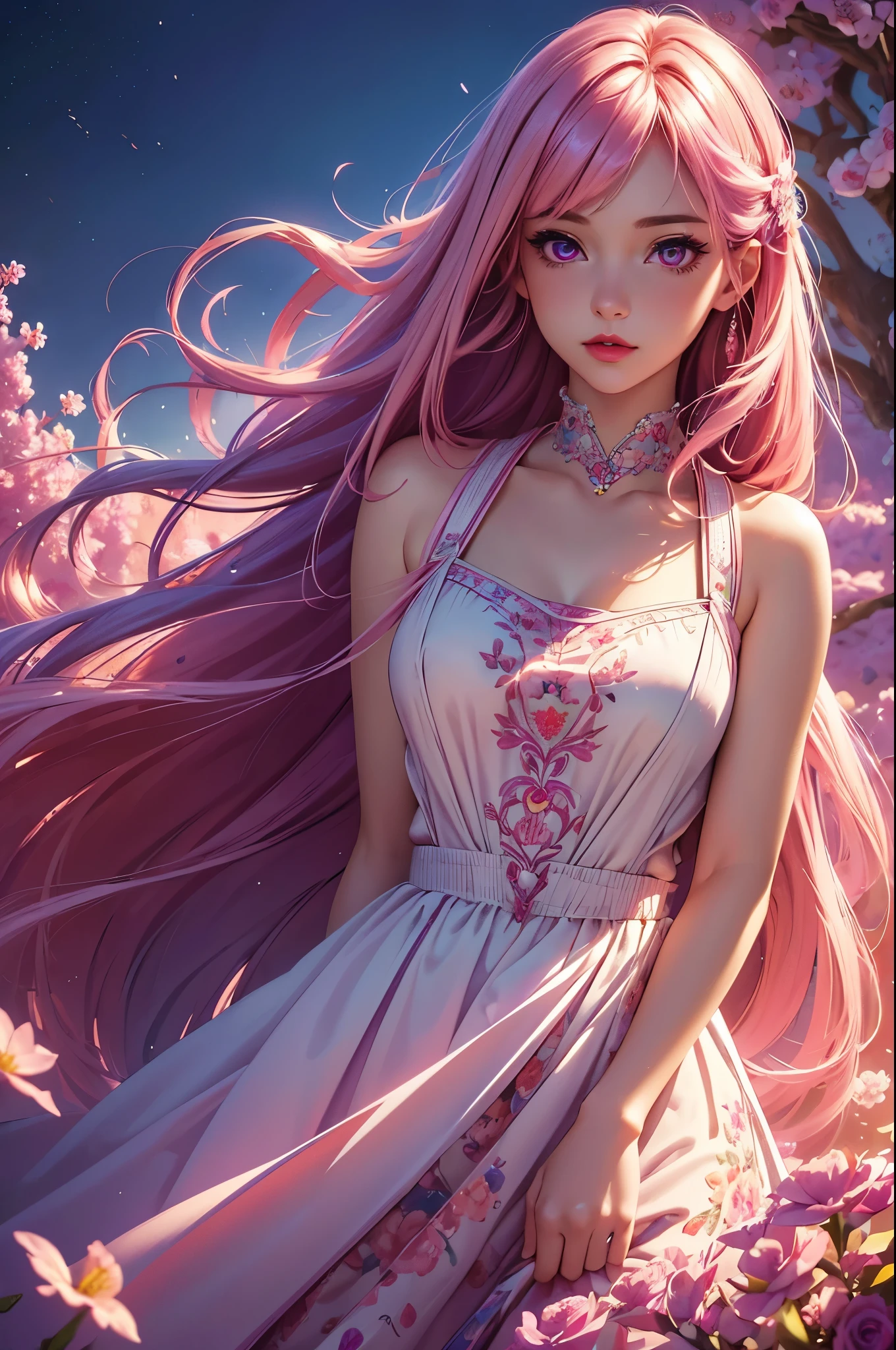 (best quality at best, 8K, a high resolution, masterpiece:1.2), digital artwork, one girl, detailed face, detailed eyes, pink hair, long straight hair, glowing purple eyes, red lips, suspenders, fantasy landscape, vibrant colors, soft lighting, whimsical atmosphere, blooming flowers, flowing dress, delicate details, ethereal background, dreamy aura