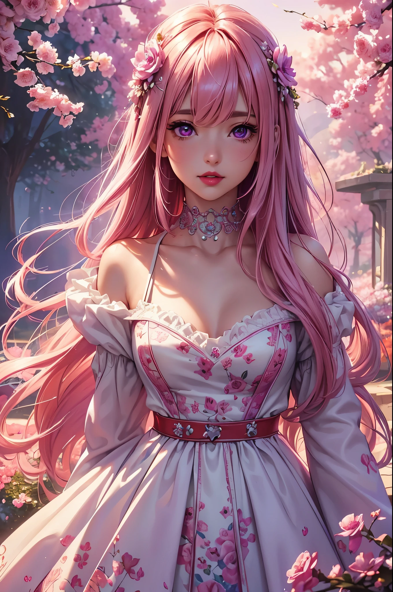 (best quality at best, 8K, a high resolution, masterpiece:1.2), digital artwork, one girl, detailed face, detailed eyes, pink hair, long straight hair, glowing purple eyes, red lips, suspenders, fantasy landscape, vibrant colors, soft lighting, whimsical atmosphere, blooming flowers, flowing dress, delicate details, ethereal background, dreamy aura