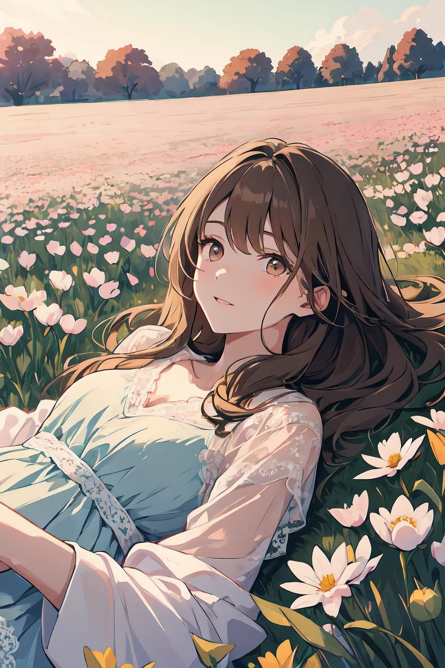 Young and caring girl with long light brown hair, ethereal lace pale-rainbow dress with silk accents, laying in a field of flowers and spring harvest as she enjoys the coming of spring in the early morning

