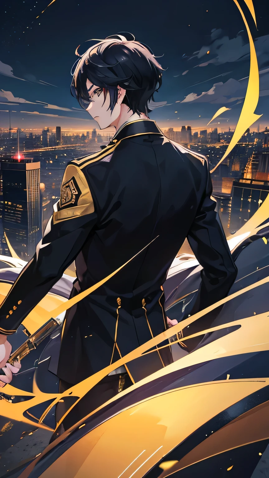 (best, highest quality), dream-state, anime, 9:16, action, Epic Composition, boy, black haired, golden eyes, golden aura, handsome face, black jacket, striped jacket, ultra detail, city skyline, back