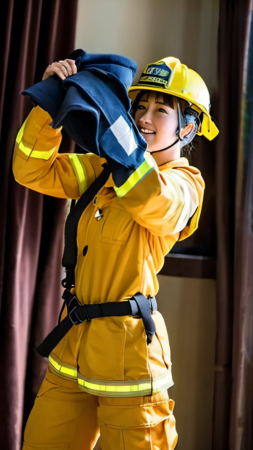 A firefighter taking off her bunker gear