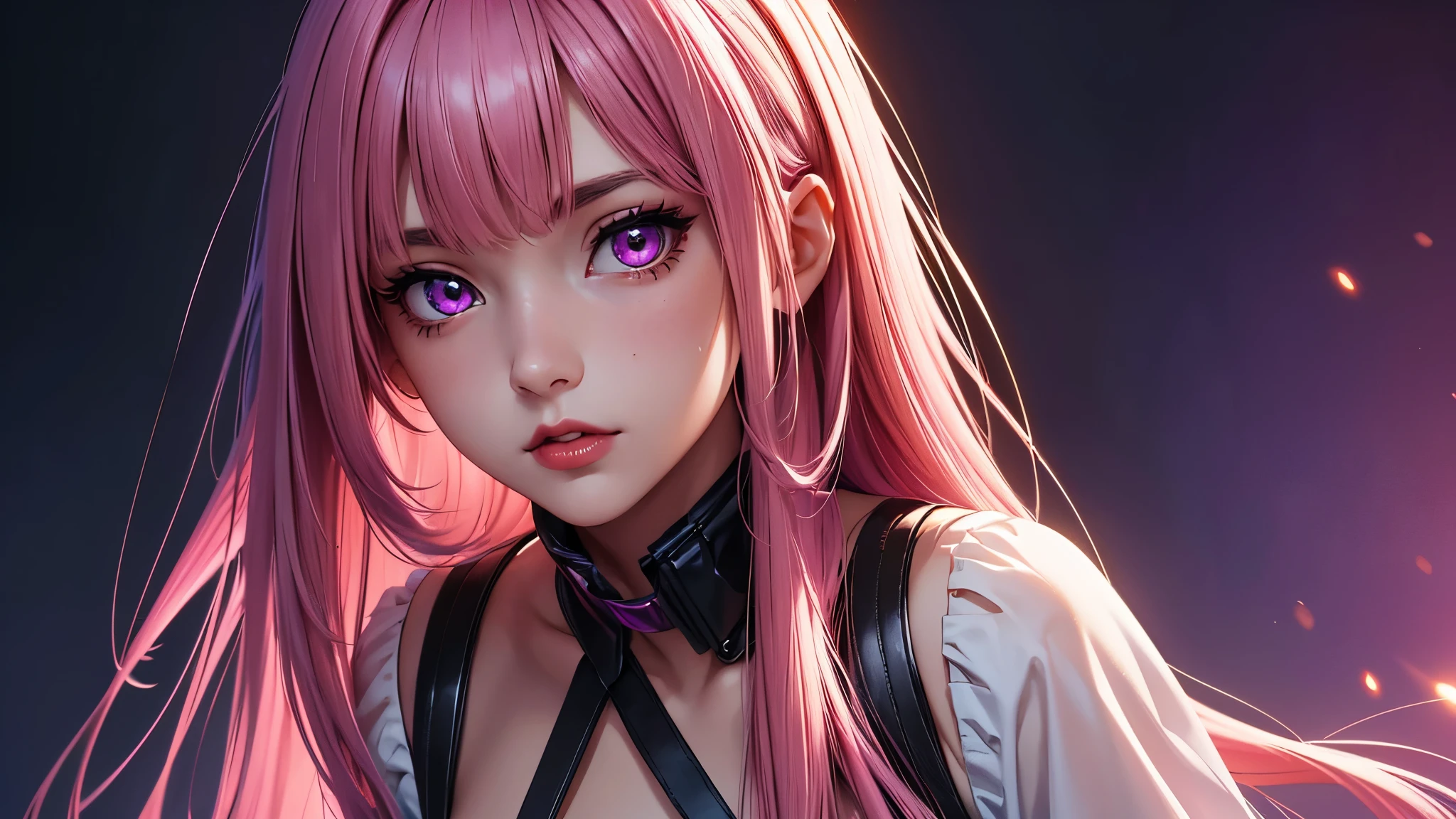 (Best quality at best,8K,A high resolution,tmasterpiece:1.2),Digital artwork, one girl，detailed face，detailed eyes，pink hair，long straight hair，glowing purple  eyes，red lip，Suspenders