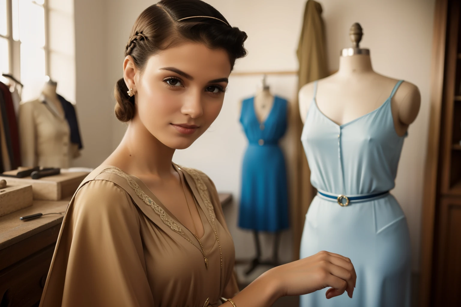 Tetouan, 1936. close-up portrait of A young ((((25-year-old)) Sira Quiroga)), beautiful, skinny, in a Dressmaker's workshop, mannequin, ((((fashionable clothings from the 1930s)))), ((hairstyle of the 1930s)), (colorful)