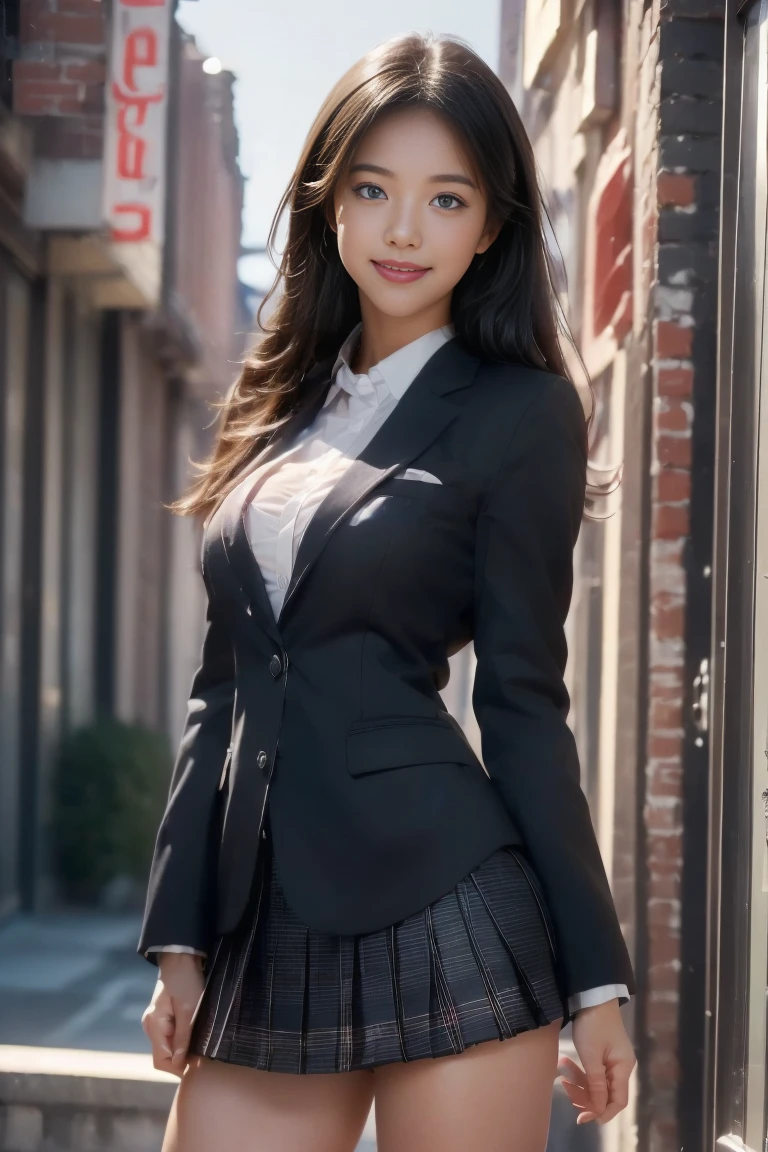 ((Best quality, best image quality, super high resolution, drawn in super high resolution, solo, looking at camera, bright colored eyes)), Beautiful black hair, student in uniform, micro miniskirt, underwear visible, School building in the background, bright smile, perfect body, perfect face, super HD, charming butt, full body depiction