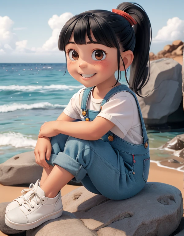 1girl, Black hair with straight bangs and a ponytail with a red band, big round brown eyes, slightly blushed cheeks, smiling expression, flat torso, blue overalls, white shoes with gray soles ocean, palms, sand, sun, (child:1.2), rocks, sitting on rocks, nude body, cameltoe, 