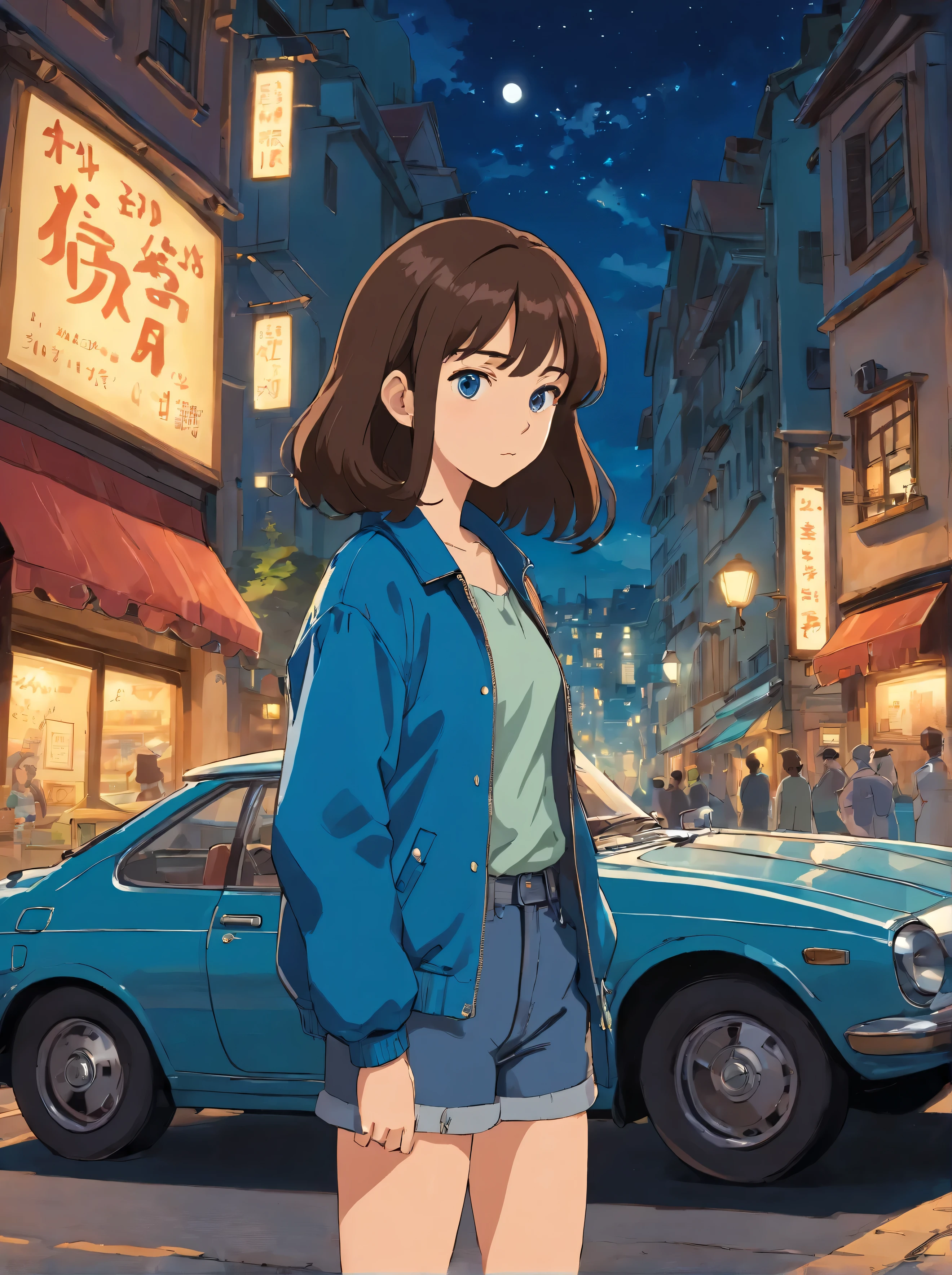 A beautiful woman stands in front of a car-shaped time machine. The woman has dark brown hair and is wearing a jacket and blue jeans. The location is a city at night.