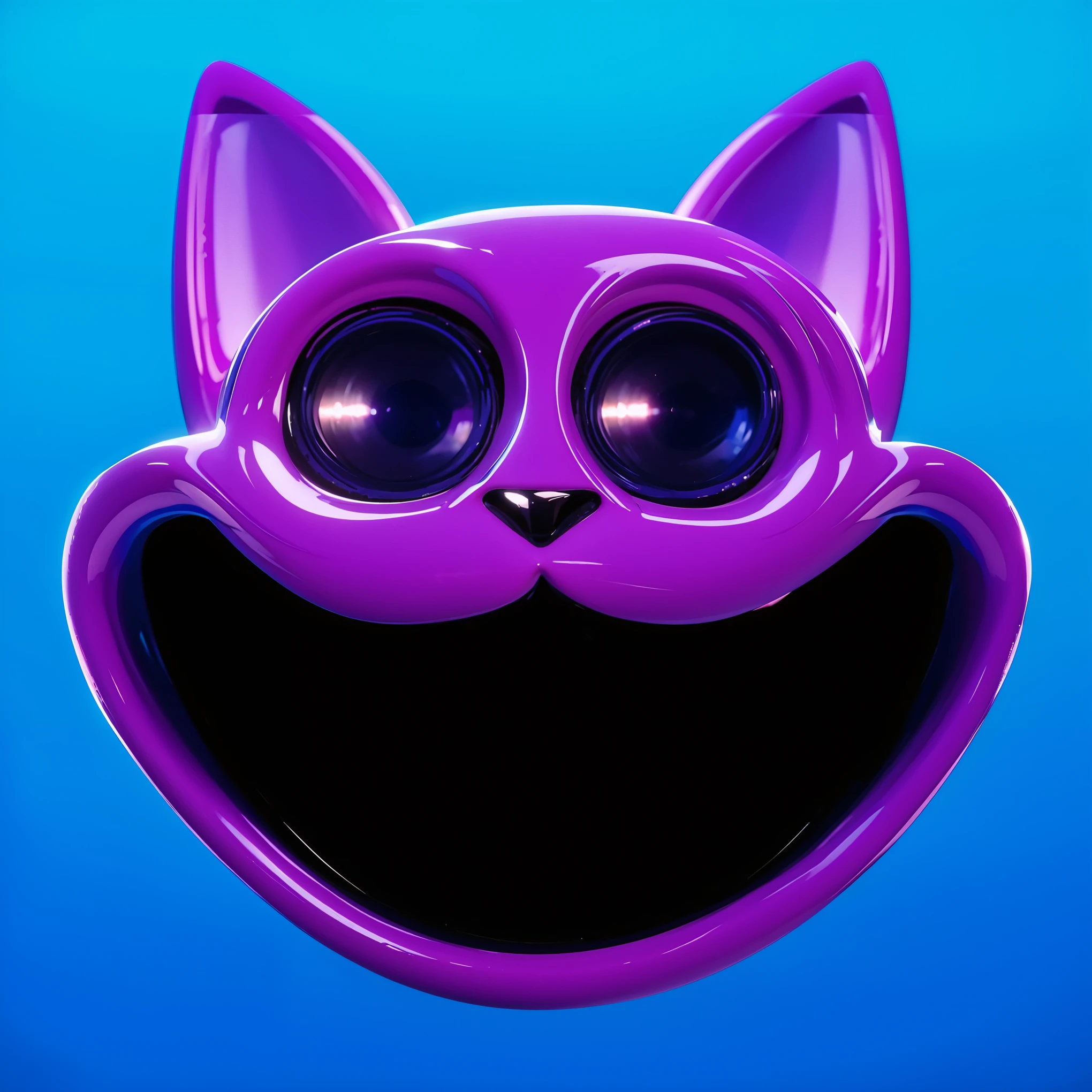 A smiling purple cat face with big eyes and a large open mouth revealing two bottom. cartoon key frame rendering, cute 3D rendering, Shiny metallic,Create ultra sharp цветной рендеринг zbrush. perfect cgi, cgi art created only with gradients, smooth silhouette, Create ultra sharp skin, high intensity refraction, (plastic material), most beautiful vfx, blue background, plastic refractions, glossy texture, smooth 3d model, multiple light sources, rim light, sharp post effects render, (glossy plastic texture with multiple big light probe refractions), perfect cgi, cgi art created only with gradients, smooth silhouette, high intensity refraction, (plastic material), most beautiful vfx, blue background, plastic refractions Create ultra sharp