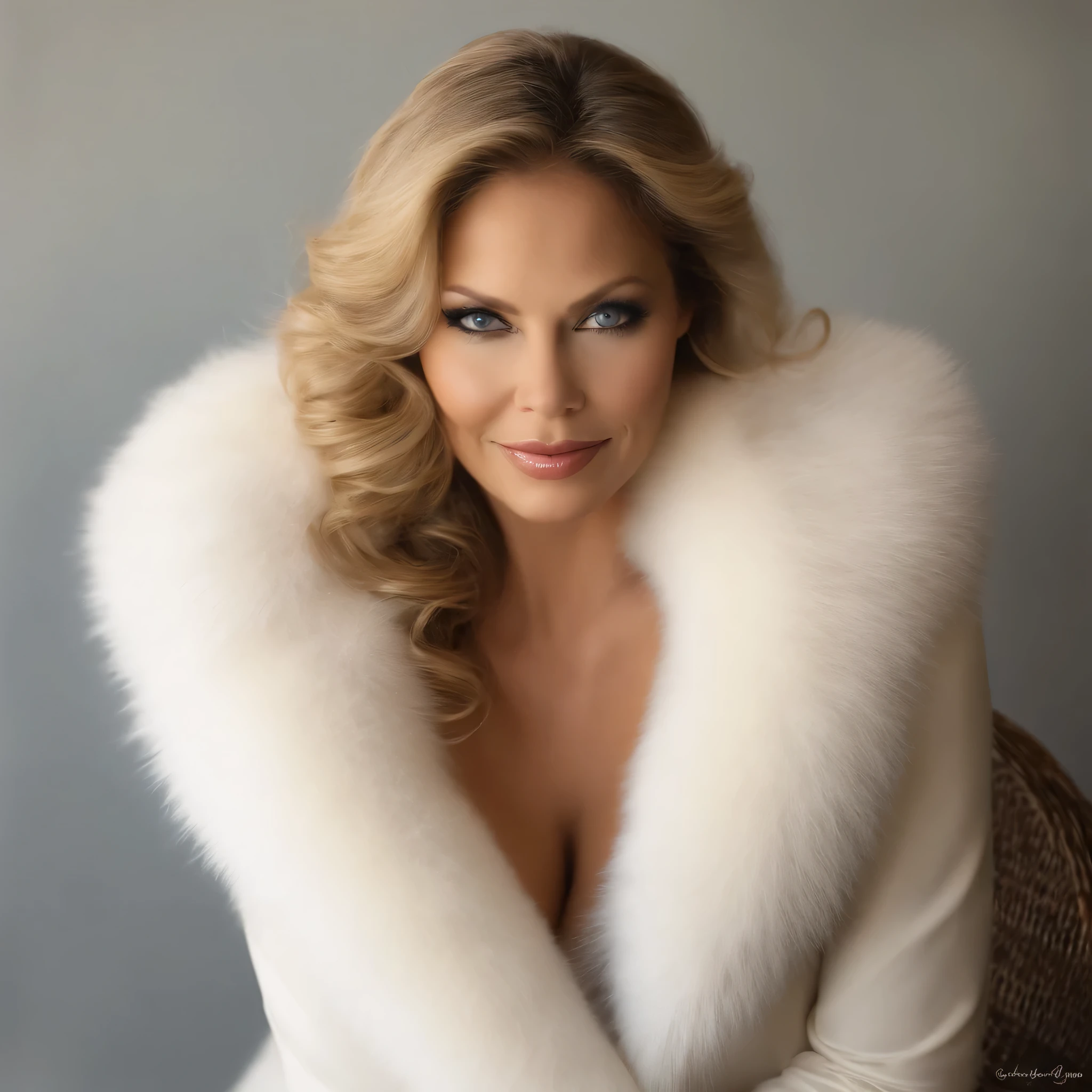 MILF 55 ans, Fille sexy aux yeux bleus, ultra realistic, Meticulously detailed, Portrait de Ornella Muti , cheveux blonds et grands yeux, Yeux de chambre,, Maquillage naturel, regarder directement la caméra, maquillage subtil, wrapped in a very voluminous white mink fur coat with very thick white fluffy fur collar ,  Superbe photo de tout le corps, Nature, sunlight, souriant, massive , sexy de grande taille
