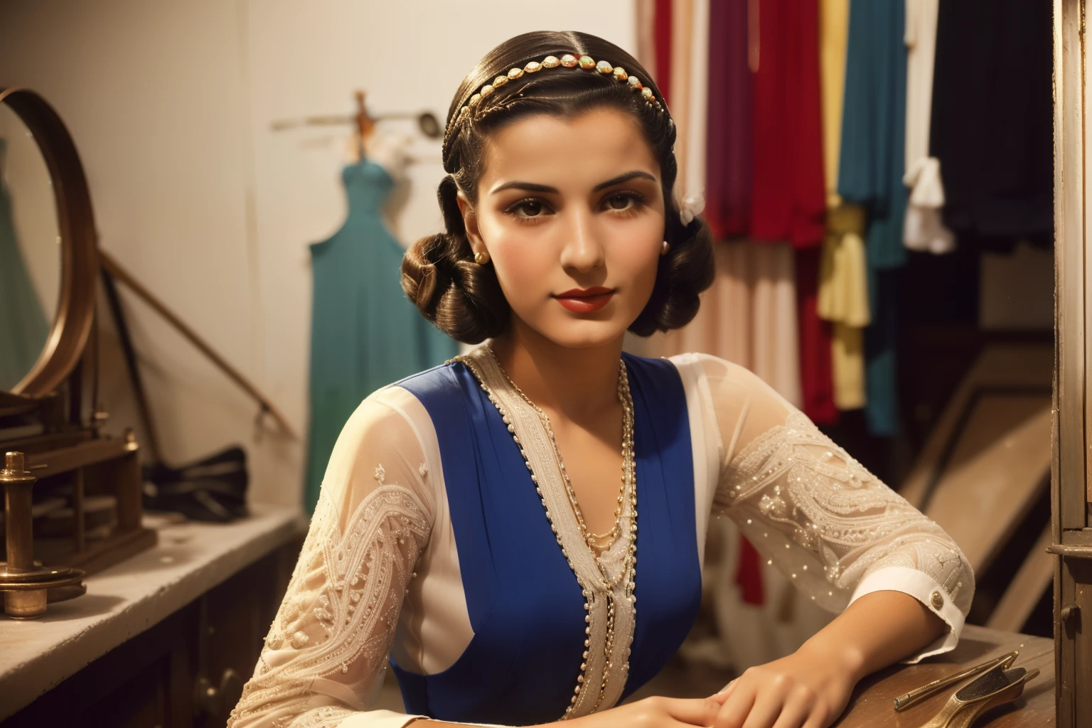 Tetouan, 1936. close-up portrait of A young ((((25-year-old)) Sira Quiroga)), beautiful, skinny, in a Dressmaker's workshop, mannequin, ((((fashionable clothings from the 1930s)))), ((hairstyle of the 1930s)), (colorful)