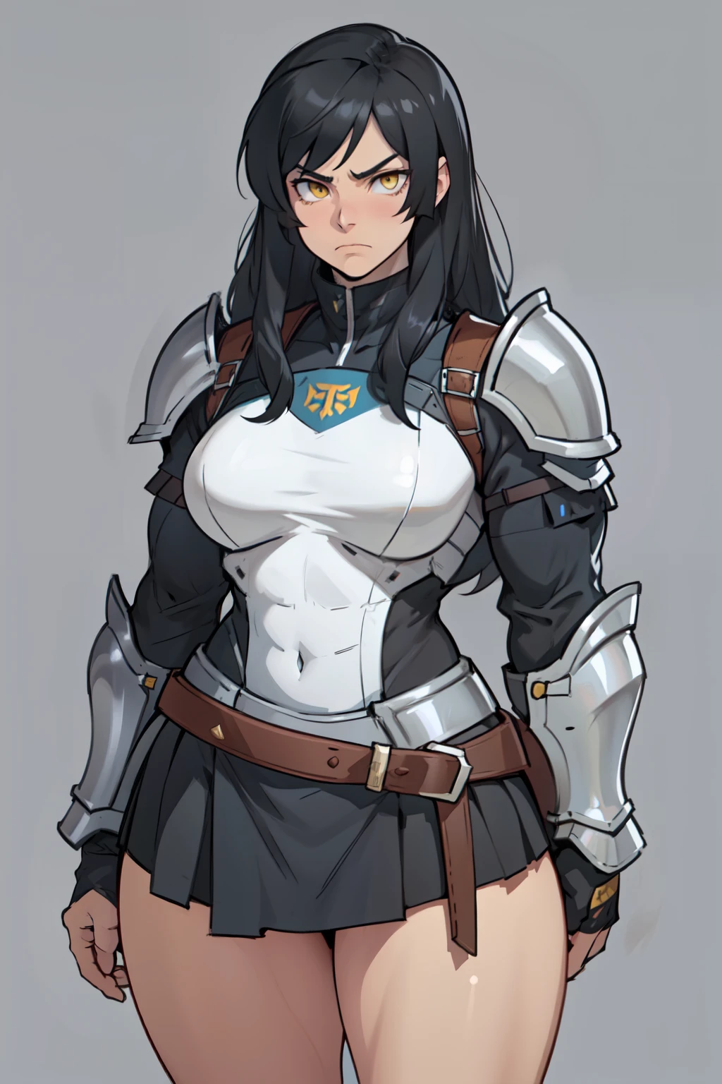 grey background (((muscular))), (thick thighs, toned body, 1 girl), black hair, pale skin, yellow eyes, angry, very long hair armor armor armor armor armor armor armor armor armor armor armor armor armor armor armor armor armor armor armor armor armor armor armor armor armor armor armor armor armor armor armor armor armor armor armor armor armor armor skirt