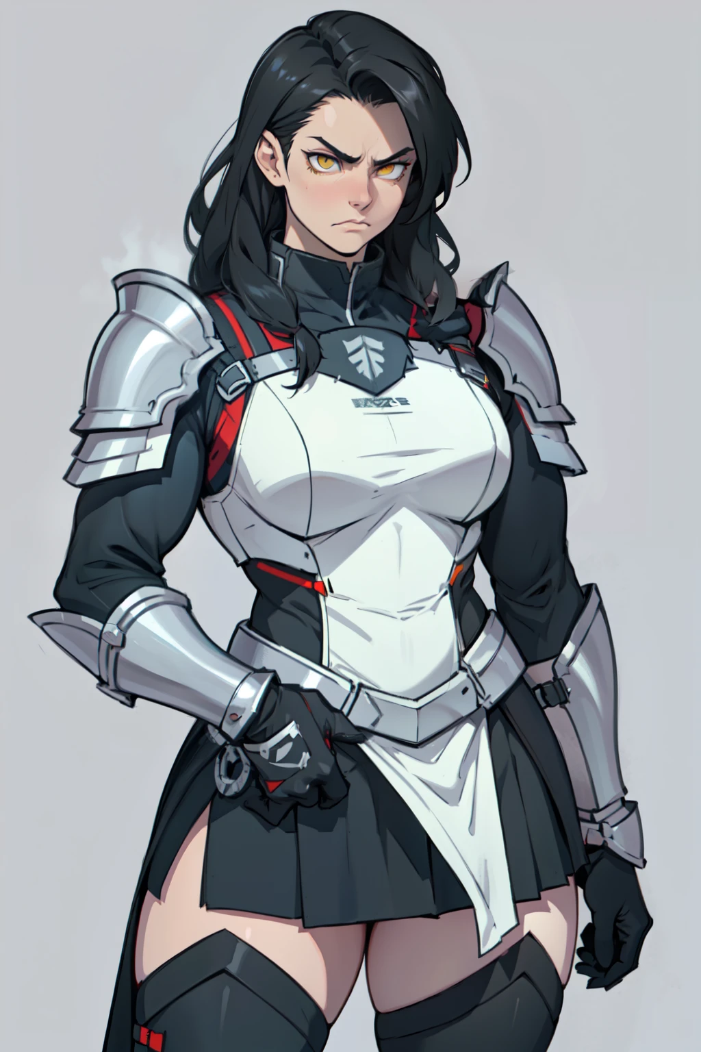 grey background (((muscular))), (thick thighs, toned body, 1 girl), black hair, pale skin, yellow eyes, angry, very long hair armor armor armor armor armor armor armor armor armor armor armor armor armor armor armor armor armor armor armor armor armor armor armor armor armor armor armor armor armor armor armor armor armor armor armor armor armor armor skirt