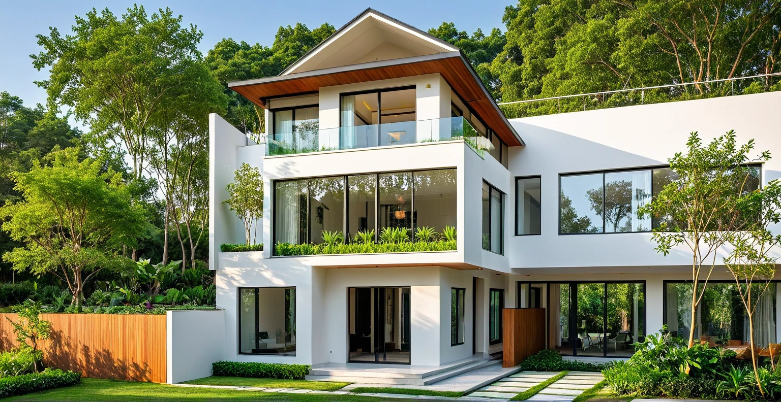 A modern house with a unique white grid design, green balcony plants, black iron gate, and a small front garden. The minimalist architecture harmonizes with nature, creating an airy and peaceful atmosphere. Curved door,