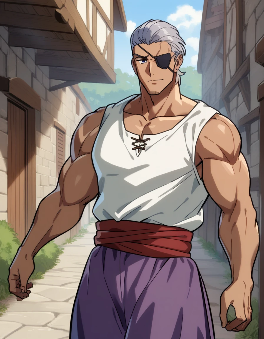 1man, muscular mature, pirate, green headscarf, gray hair, headscarf with asymmetrical bangs, blue 1eye, black eyepatch, short hair, tanned skin, tough, ordinary, forehead, solo, red waist cloth, purple arabian pants, white sleeveless shirt, loose fitting shirt, tented shirt, medieval, soft smile, in jrpg style, 1990s, VHS quality, masterpiece, best quality