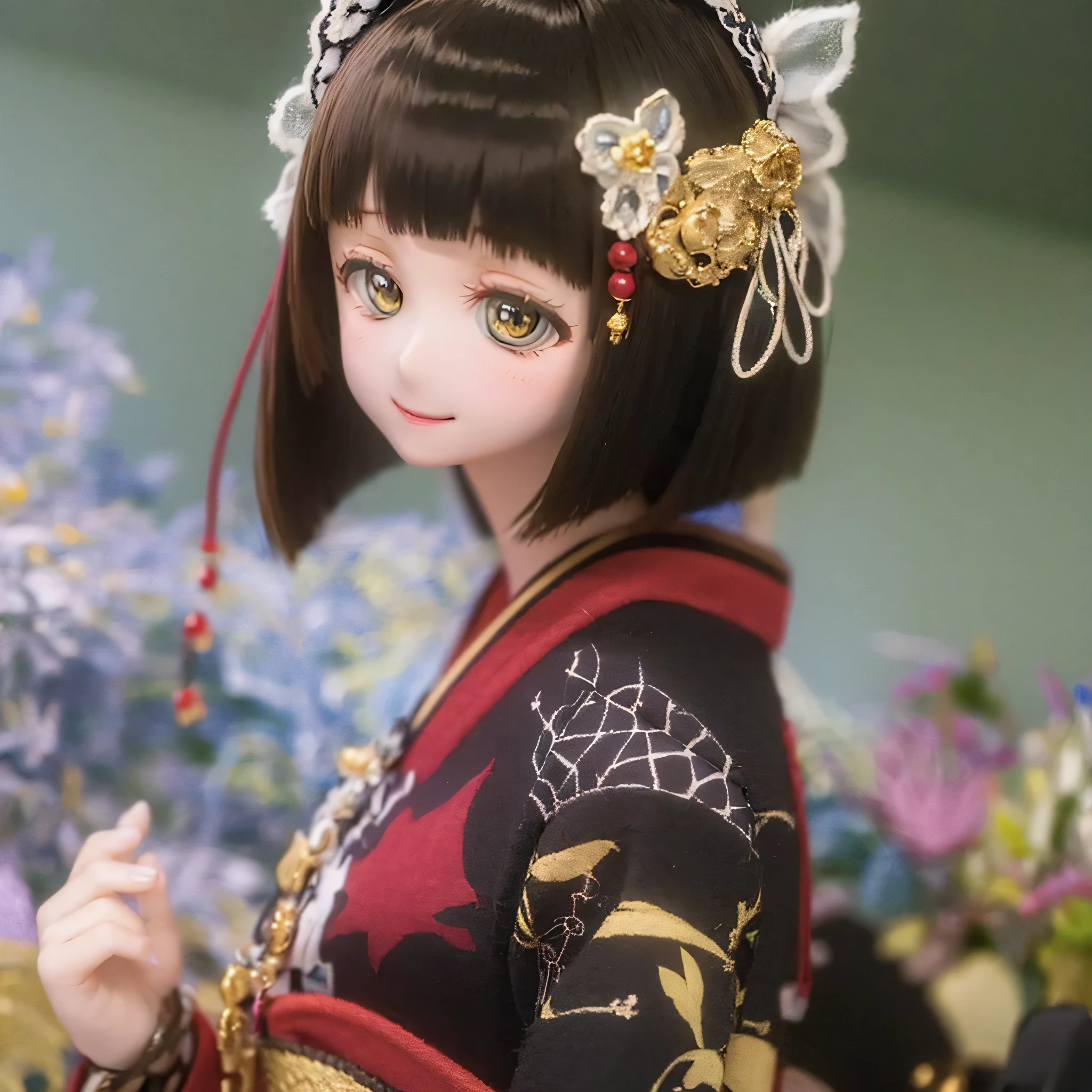 (highest quality,High resolution,masterpiece:1.2),Very detailed,Realistic,(Me in a kimono,Beautiful details,Beautiful lip detail,Very detailed目と顔,Long eyelashes),Traditional Japanese,geisha,hairpin,Delicate embroidery,Floral,Sleeves flow,harmonious colors,Soft lighting、Smiling face with a fan、Bobcut、Black Hair