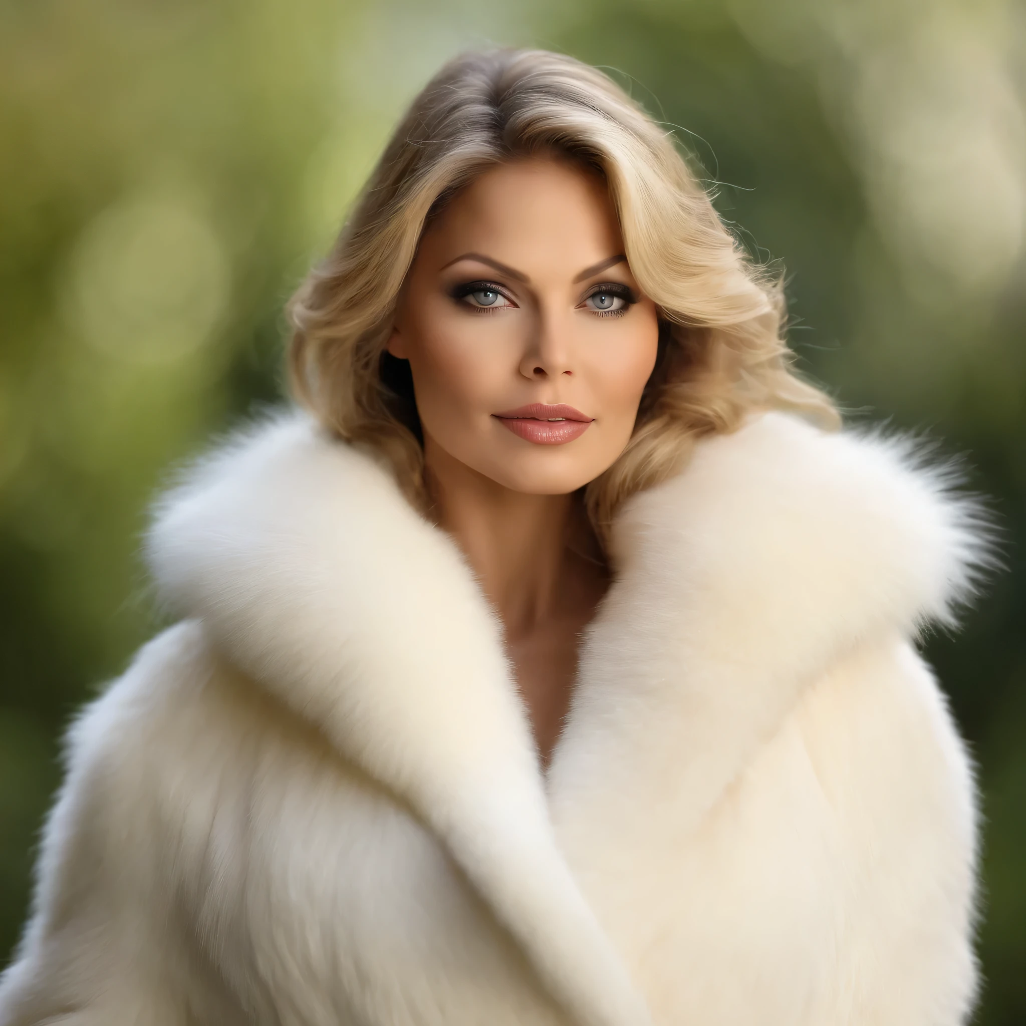 MILF 55 ans, Fille sexy aux yeux bleus, ultra realistic, Meticulously detailed, Portrait de Ornella Muti , cheveux blonds et grands yeux, Yeux de chambre,, Maquillage naturel, regarder directement la caméra, maquillage subtil, wrapped in a very voluminous white mink fur coat with very thick white fluffy fur collar ,  Superbe photo de tout le corps, Nature, sunlight, souriant, massive , sexy de grande taille
