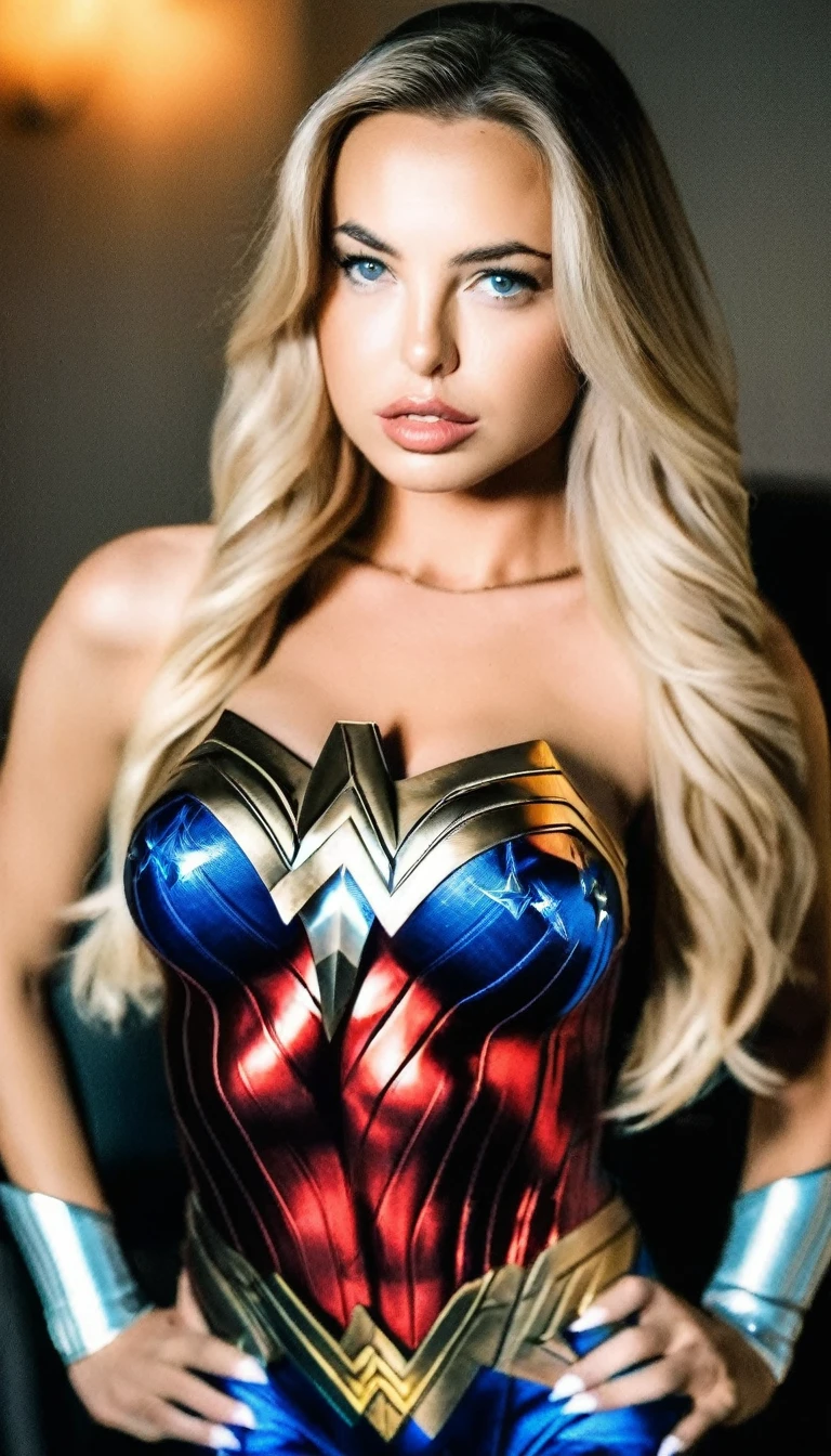 emma_kotos_lora_v1 (warm light), sharp. crisp, 4k, (((sharp focus))), (((Emma Kotos))) wearing a wonder woman outfit