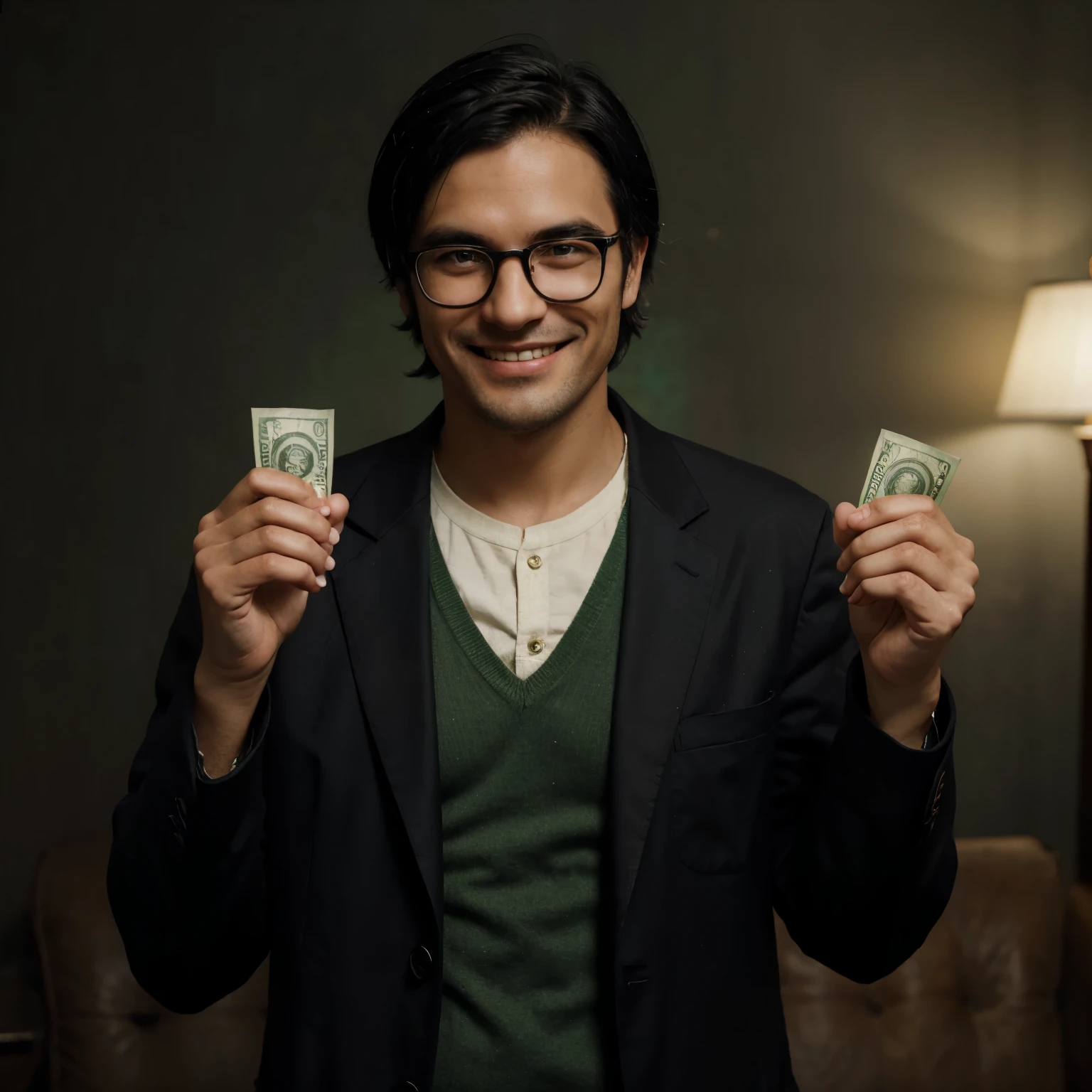 Dark, old background, Male in preist clothes holding camera and money, black hair with green tips, 3 rings, wearing glasses, smiling smugly