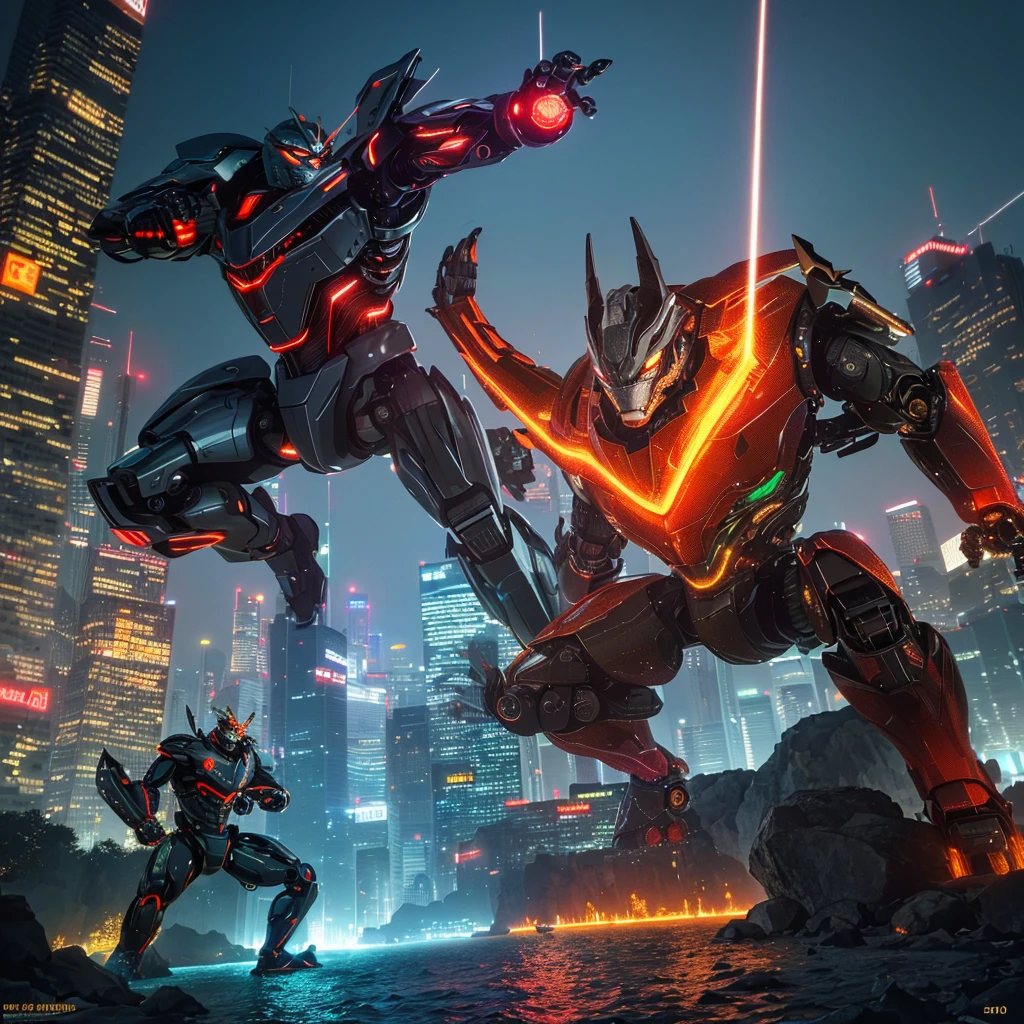 (best quality,4k,8k,highres,masterpiece:1.2),ultra-detailed,(realistic,photorealistic,photo-realistic:1.37),enormous crab themed robot,otter themed UltraMan,battle,fierce fight,majestic robot,towering skyscrapers,Bangkok skyline,dazzling city lights,nighttime cityscape,reflection on the river,glowing neon signs,chaotic energy,explosive action,strong contrast between light and darkness,vivid colors,metallic textures,mechanical joints,razor-sharp claws,exhilarating display of power,electric sparks flying,immersing viewers in the epic showdown,epic scale confrontation.