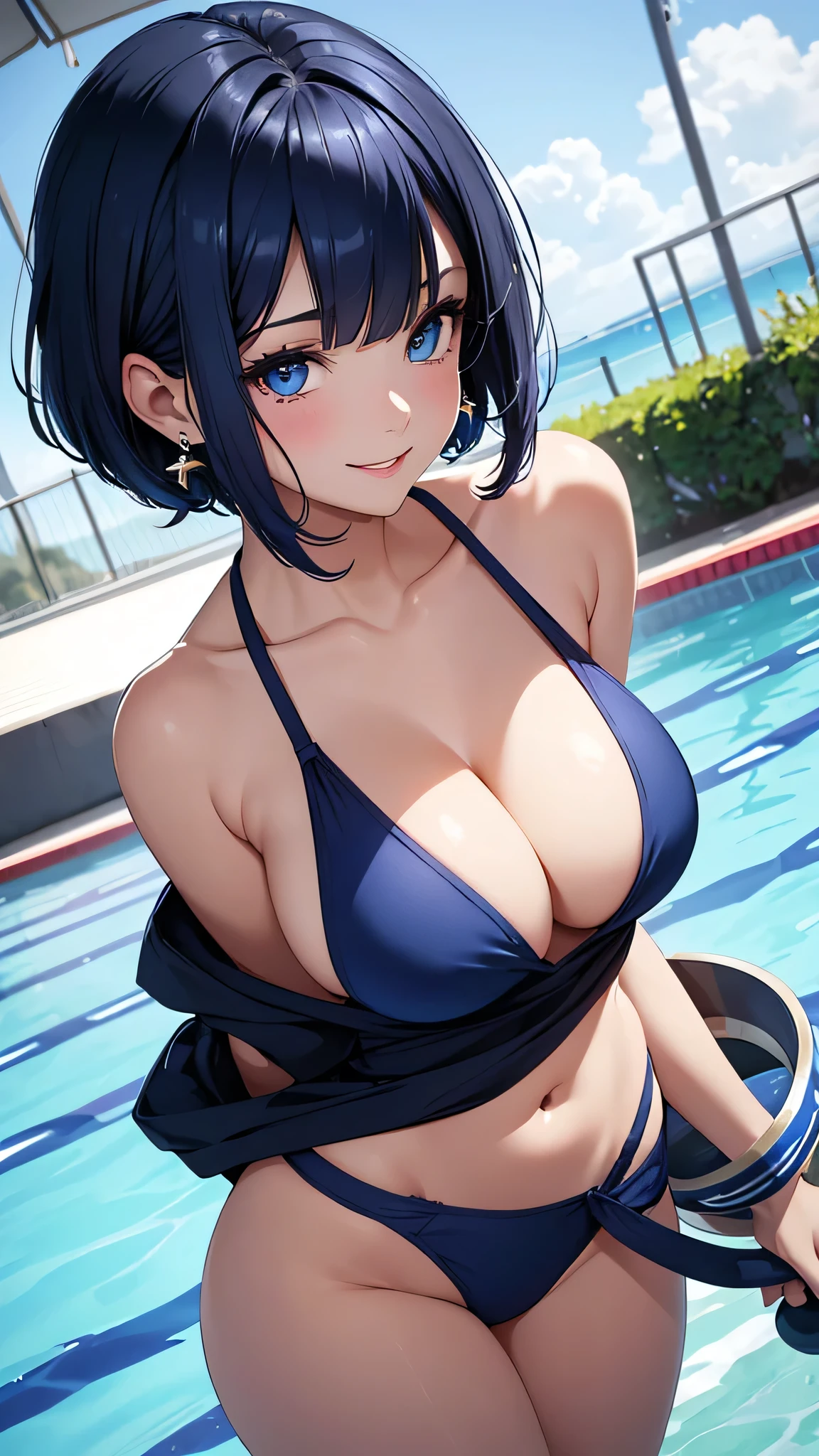 Beauty, Navy Blue Hair,short hair(Inward Curling Bob) ,blue eyes,Costume(Lifeguard in underwear), Large Breasts、Blue Earrings、background(Boolean) 、Sexy pose、smile、Open your mouth wide