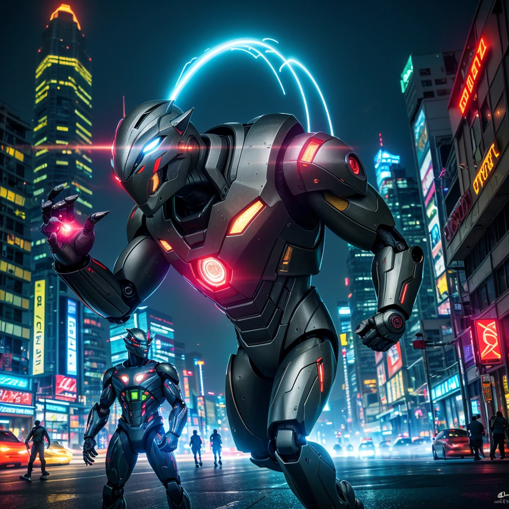 An enormous crab themed robot, otter themed UltraMan, Bangkok at night, illustrious robot armor, vibrant city lights, intricate robot design, powerful weapons, dynamic battle scene, realistic robot movements, dramatic poses, detailed robot textures, reflective surfaces, neon-lit streets, bustling city atmosphere, towering skyscrapers, glowing eyes and chest emblem, smoke and sparks, intense energy beams, massive robot claws, sleek UltraMan costume, agile movements, otter-themed helmet and suit design, heroic stance, energy aura, glowing symbols, spectacular visual effects, epic clash, detailed background scenery, futuristic cityscape, iconic landmarks, vibrant color palette, cinematic lighting, dynamic camera angles, thrilling action, electrifying atmosphere, high-quality visual effects, high-resolution image result, professional artistry, photorealistic style, intense color saturation, dramatic shadows, urban chaos, and stunning artistic composition. (best quality, 4k, highres, realistic:1.2), ultra-detailed, (HDR, UHD, studio lighting, sharp focus), vivid colors, bokeh.