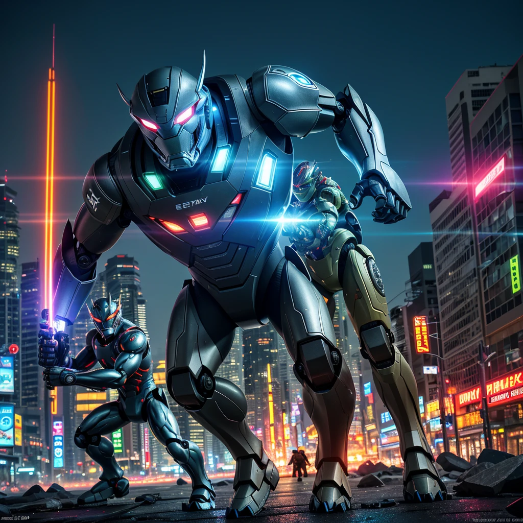 An enormous crab themed robot, otter themed UltraMan, Bangkok at night, illustrious robot armor, vibrant city lights, intricate robot design, powerful weapons, dynamic battle scene, realistic robot movements, dramatic poses, detailed robot textures, reflective surfaces, neon-lit streets, bustling city atmosphere, towering skyscrapers, glowing eyes and chest emblem, smoke and sparks, intense energy beams, massive robot claws, sleek UltraMan costume, agile movements, otter-themed helmet and suit design, heroic stance, energy aura, glowing symbols, spectacular visual effects, epic clash, detailed background scenery, futuristic cityscape, iconic landmarks, vibrant color palette, cinematic lighting, dynamic camera angles, thrilling action, electrifying atmosphere, high-quality visual effects, high-resolution image result, professional artistry, photorealistic style, intense color saturation, dramatic shadows, urban chaos, and stunning artistic composition. (best quality, 4k, highres, realistic:1.2), ultra-detailed, (HDR, UHD, studio lighting, sharp focus), vivid colors, bokeh.