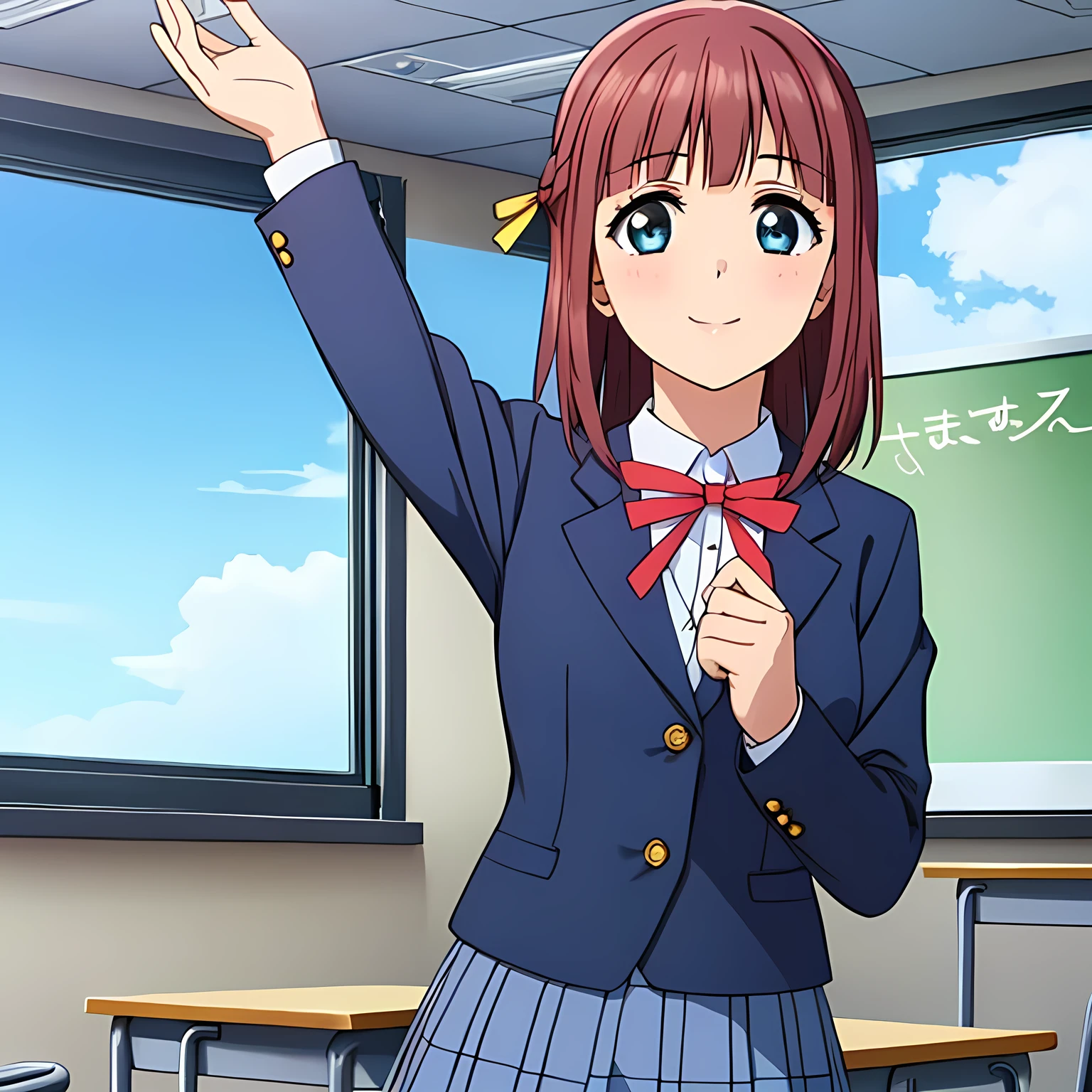 highest quality, (masterpiece:1.2), Very detailed, ((((３Beautiful girl of the person)))), ((Very beautiful girl in school uniform１A fashion model is looking at the camera and asking the viewer)), ((16 years old)), (((Very shiny and beautiful short bob hair))), ((Navy blue blazer)), ((Navy blue pleated long skirt)), ((((Very beautiful and shining eyes)))), ((Very long eyelashes)), A large crimson ribbon on the chest, ((An elegant expression like a noble princess)), (((A beautiful and enchanting smile))), Very good posture, ((Half Up)), Wind, ((Heavenly happiness)), (((The background is a school classroom)))