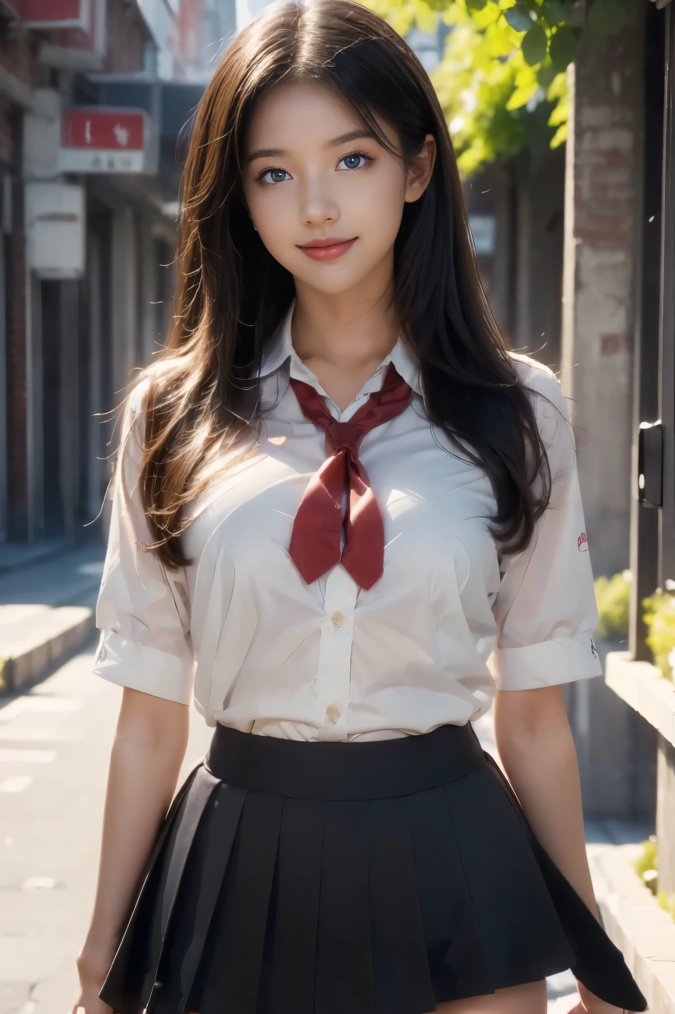 ((Best quality, best image quality, super high resolution, drawn in super high resolution, solo, looking at camera, bright colored eyes)), Beautiful black hair, student in uniform, micro miniskirt, underwear visible, School building in the background, bright smile, perfect body, perfect face, super HD, charming butt, full body depiction