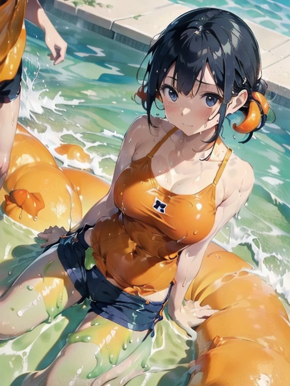 (Orange swimsuit(Orange camisole,Slimy and soaking wet):1.1),(Navy blue shorts(Slimy and soaking wet):1.2),(All fours pose:1.1),Big Breasts,(Slimy and soaking wet:1.5),Slimy and soaking wetのプール,