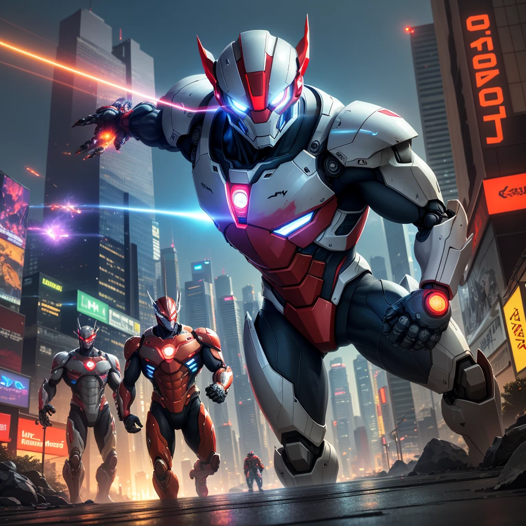 An enormous crab themed robot, otter themed UltraMan, Bangkok at night, illustrious robot armor, vibrant city lights, intricate robot design, powerful weapons, dynamic battle scene, realistic robot movements, dramatic poses, detailed robot textures, reflective surfaces, neon-lit streets, bustling city atmosphere, towering skyscrapers, glowing eyes and chest emblem, smoke and sparks, intense energy beams, massive robot claws, sleek UltraMan costume, agile movements, otter-themed helmet and suit design, heroic stance, energy aura, glowing symbols, spectacular visual effects, epic clash, detailed background scenery, futuristic cityscape, iconic landmarks, vibrant color palette, cinematic lighting, dynamic camera angles, thrilling action, electrifying atmosphere, high-quality visual effects, high-resolution image result, professional artistry, photorealistic style, intense color saturation, dramatic shadows, urban chaos, and stunning artistic composition. (best quality, 4k, highres, realistic:1.2), ultra-detailed, (HDR, UHD, studio lighting, sharp focus), vivid colors, bokeh.