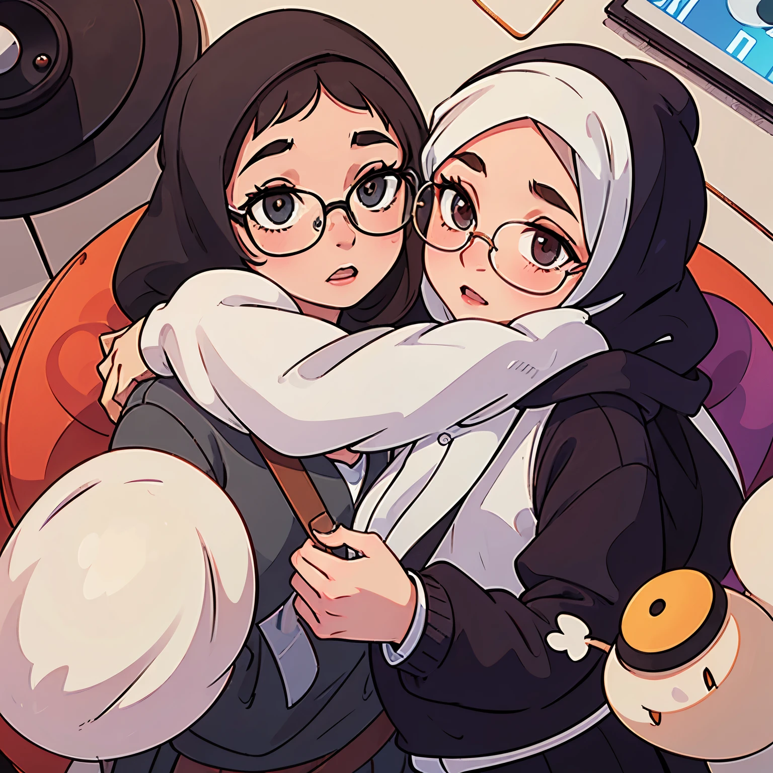 Make 2 girls use a hijab and glasses doing apodcast