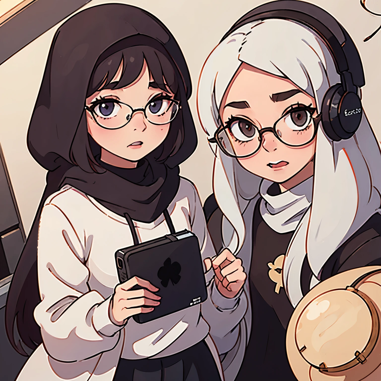 Make 2 girls use a hijab and glasses doing apodcast