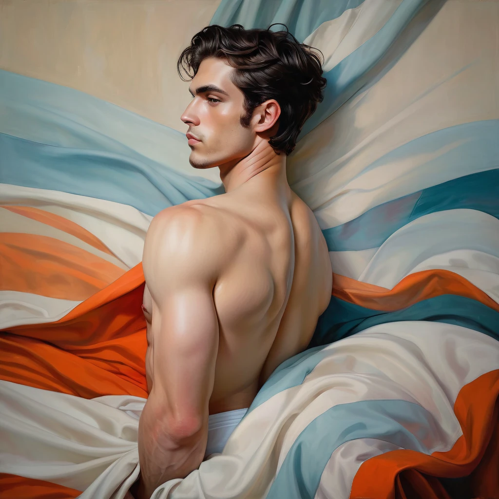 chiaroscuro technique on sensual illustration of an arafed man in white underwear, sexy masculine, diego fazio, male model, by Ludovit Fulla, model with attractive body, inspired by Ludovit Fulla, mid-shot of a hunky, the model draped in flowing, thick oil painting by Harumi Hironaka, extremely soft colors, vibrant, highly detailed, malcolm liepke painting, oil on canvas, high contrast, dramatic, refined, tonal, Create high contrast between light and shadow