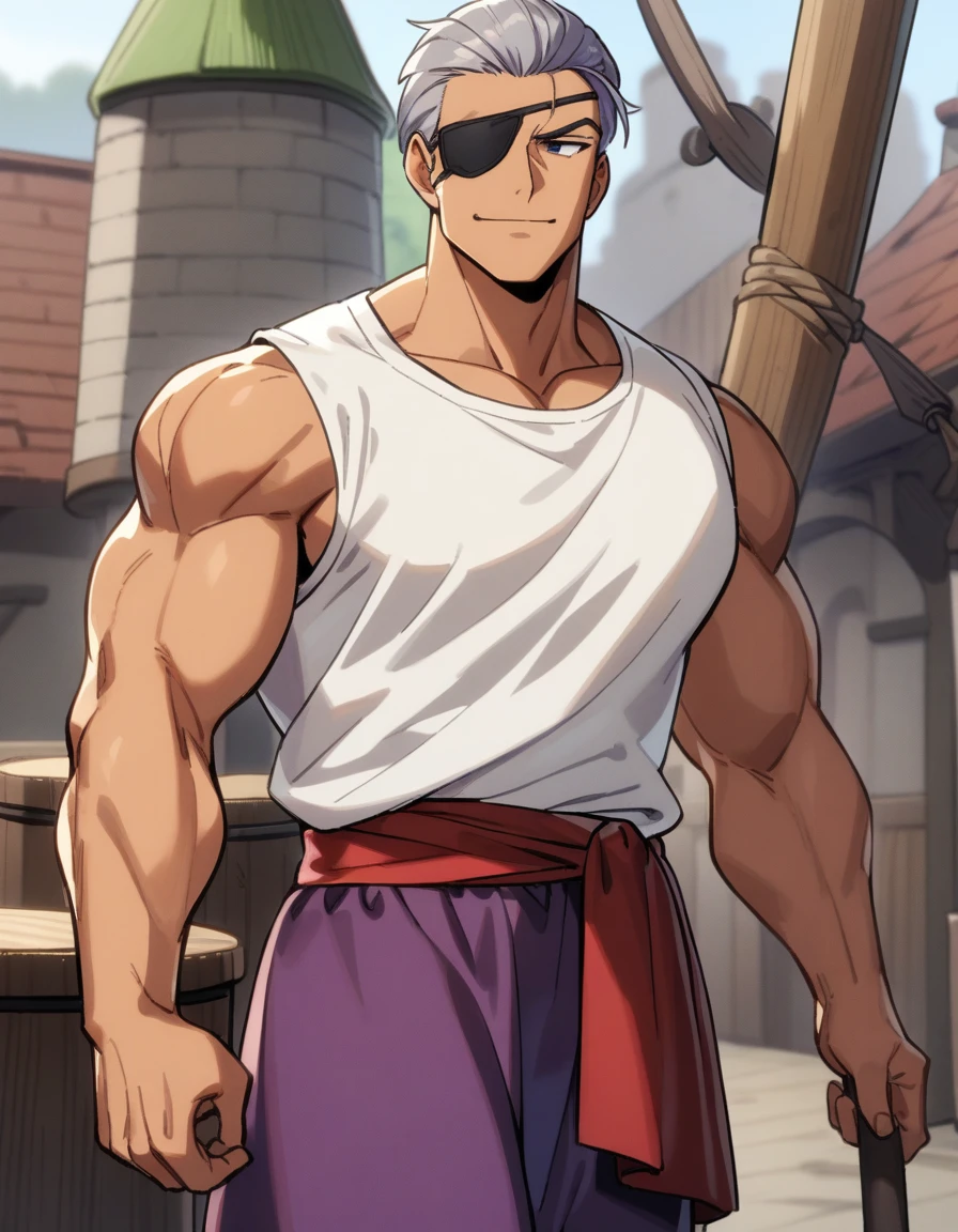 1man, muscular mature, pirate, green head_scarf, gray hair, head_scarf with asymmetrical bangs, blue 1eye, black eyepatch, short hair, tanned skin, tough, ordinary, forehead, solo, red waist cloth, purple arabian pants, white sleeveless shirt, loose fitting shirt, tented shirt, medieval, soft smile, 1990s, VHS quality, masterpiece, best quality