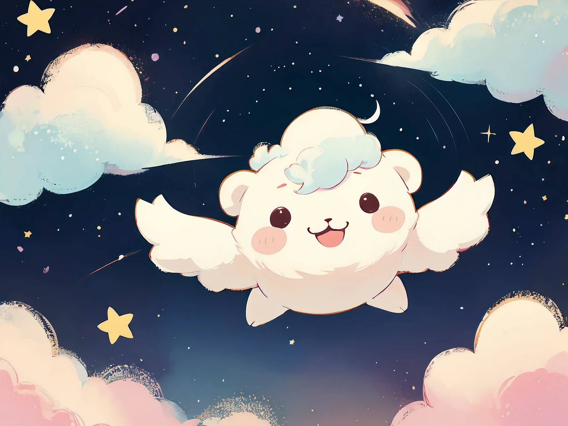 a cute very enchented happy cloud. pastel color . stars . bokeh