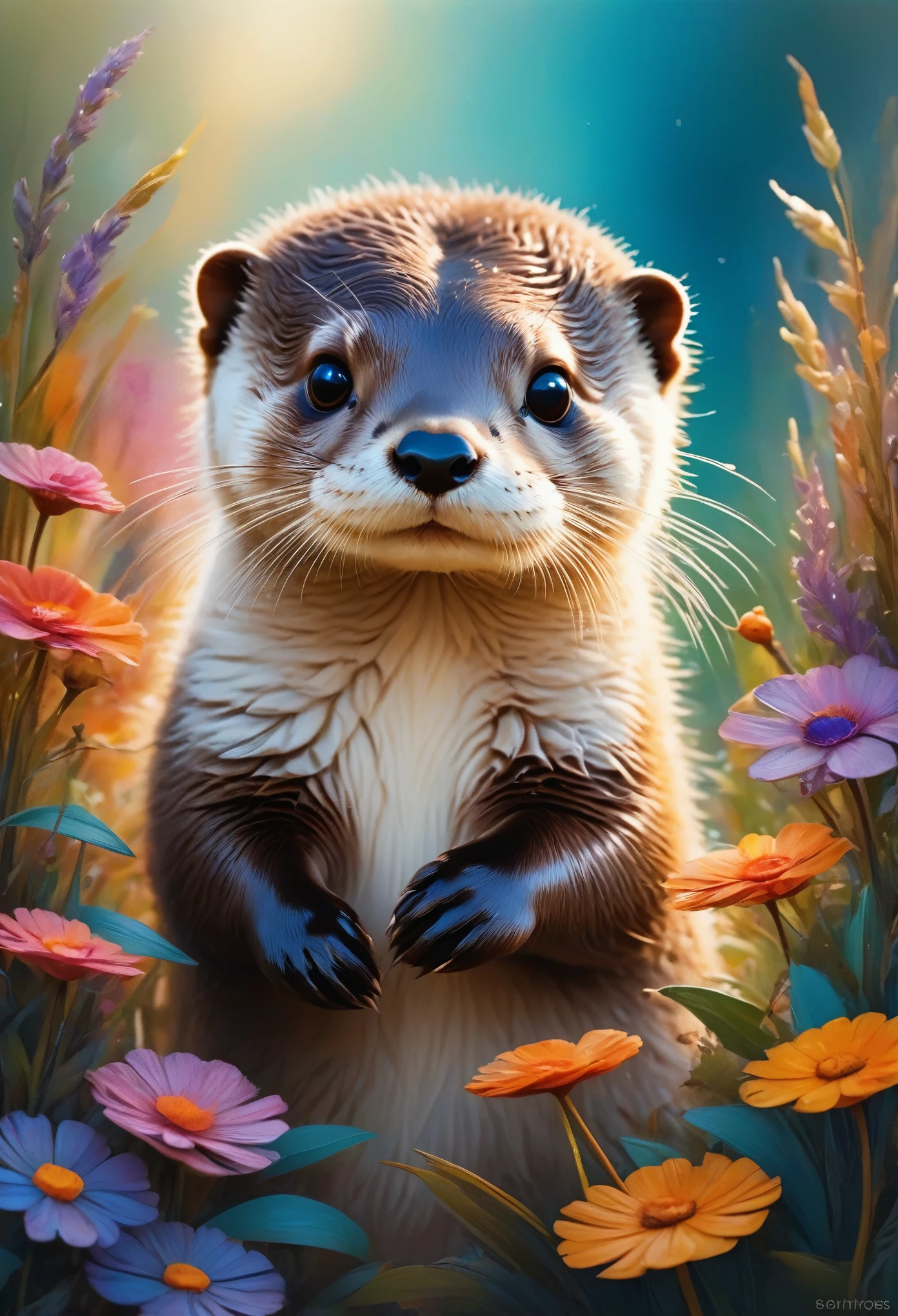 style, Vibrant colors, Dreamy atmosphere, Layered composition, Intricate details, Warm rural background,(Otter Close-up,  Fluffy,solitary， big eyes,best quality,Ultra Detailed,Reality), Soft texture, Comfortable atmosphere, Tranquil garden background, Vibrant colors, Warm lighting