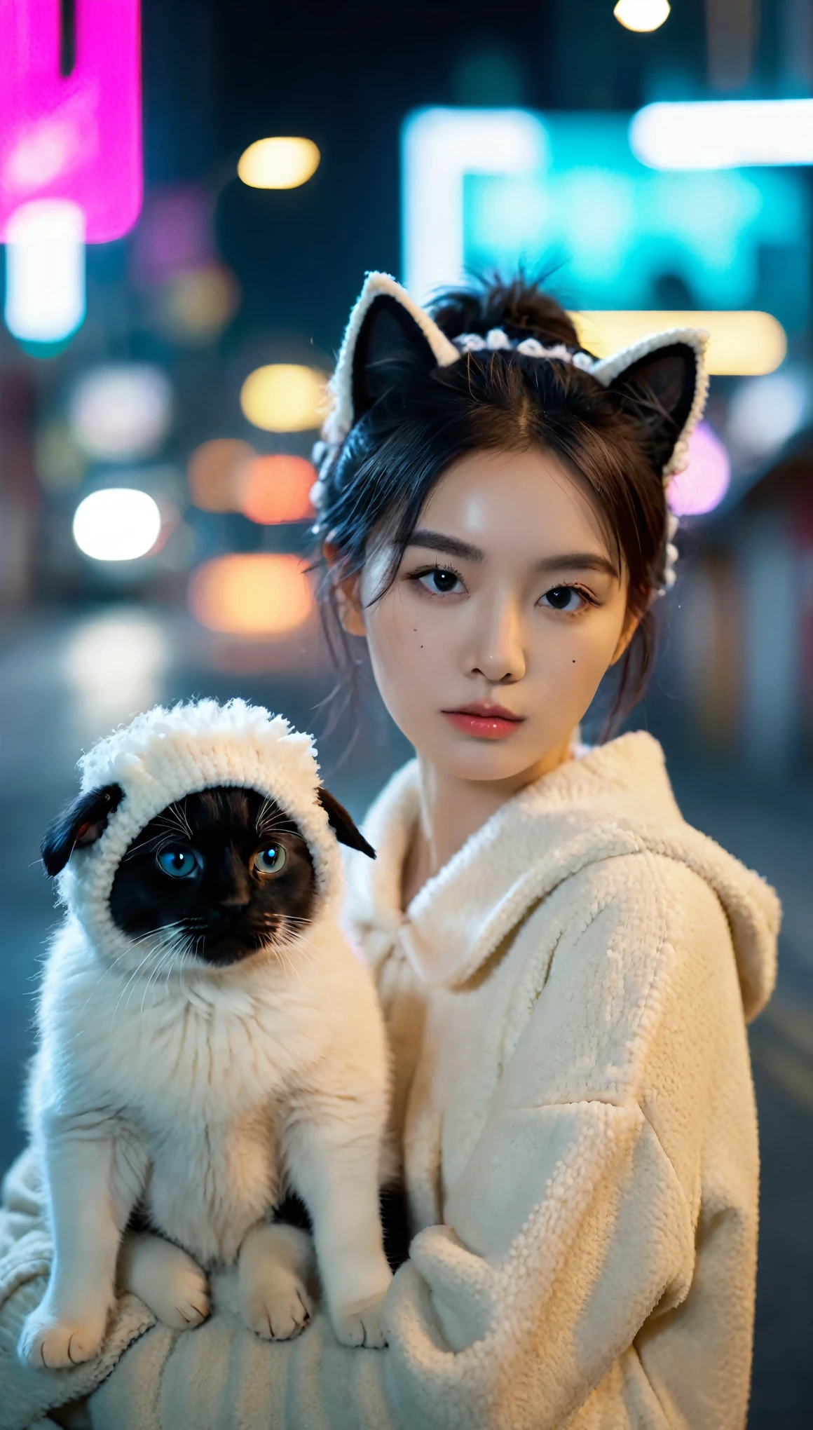 portrait, Cute cat and puppy wearing sheep clothes, Low light, Bad temper, Neon lights in the night city 8k