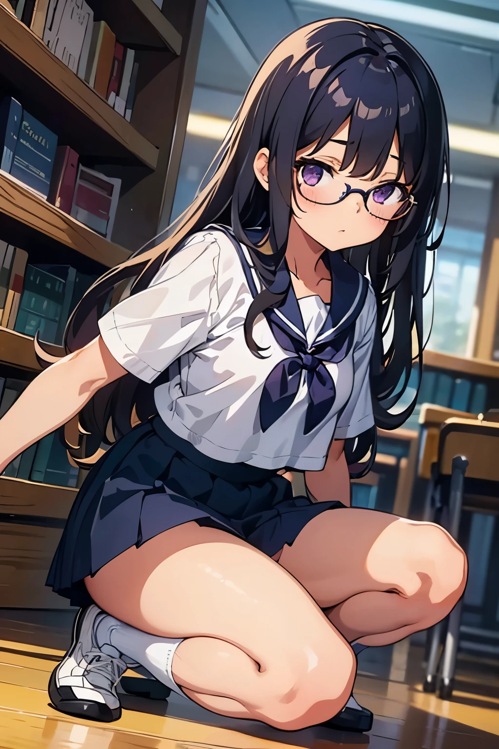 -year-old　Flat Chest　Blacir　LoHair　Purple eyes　1 person　Glasses　Short-sleeved sailor suit　Navy blue mini skirt　White panties　White socks　sneakers　School Library　Crouching　Dynamic Angle　Low Angle