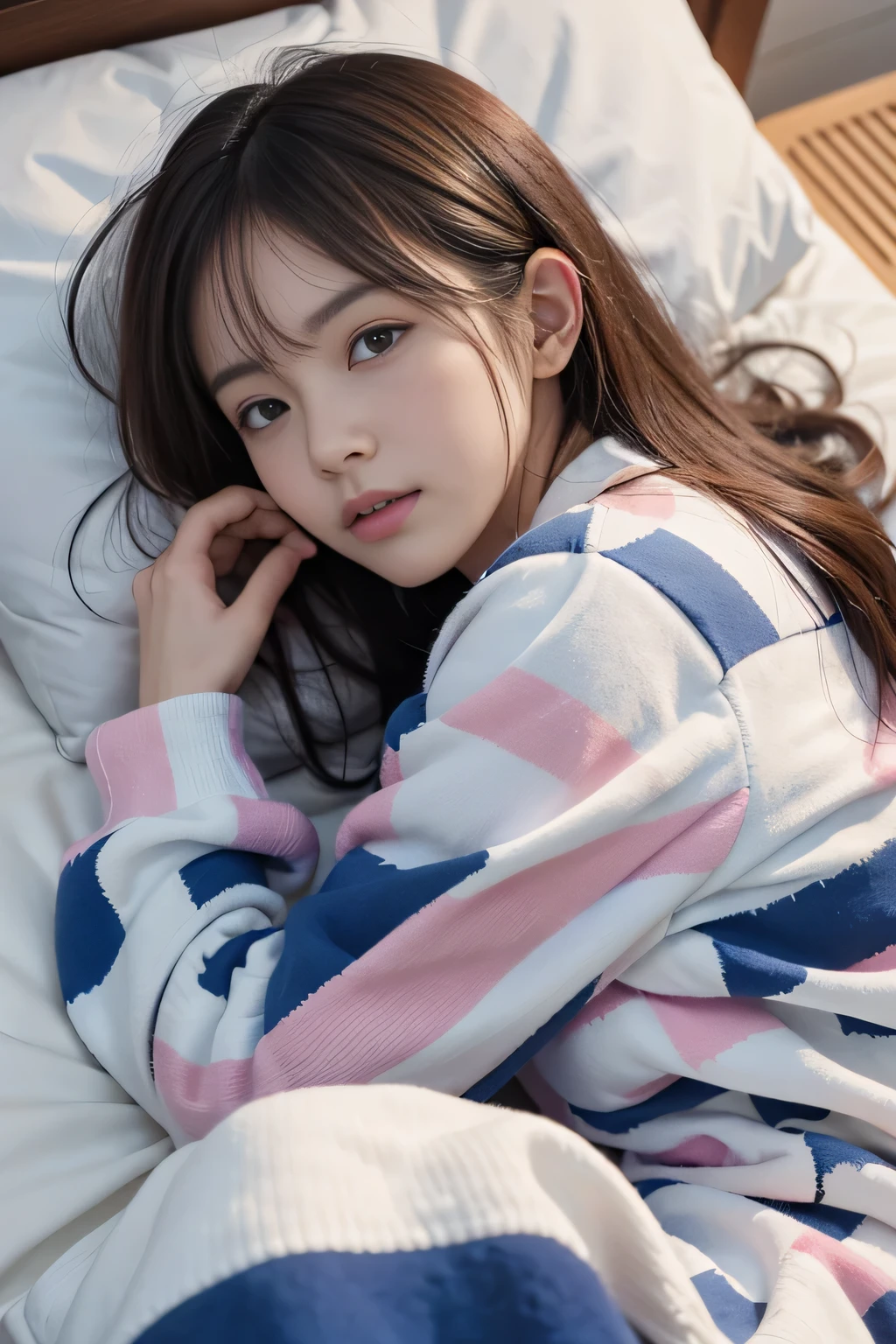Cute 21 year old Japanese、night、On the bed、Cute colorful pajamas、Highly detailed face、Attention to detail、double eyelid、Beautiful thin nose、Sharp focus:1.2、beauty:1.4、(Light brown hair、Shortcuts) hair、White skin、highest quality、masterpiece、Ultra-high resolution、(Photorealistic:1.4)、