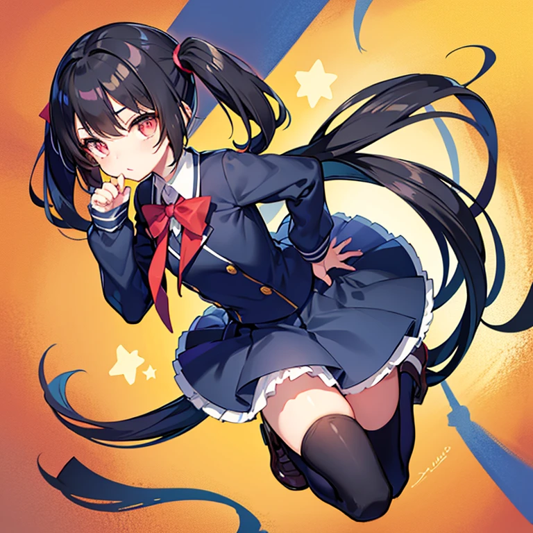 School Anime Style,Ultra Pretty,Very cute little boy,
,Black Hair,Twin tails,A mocking look