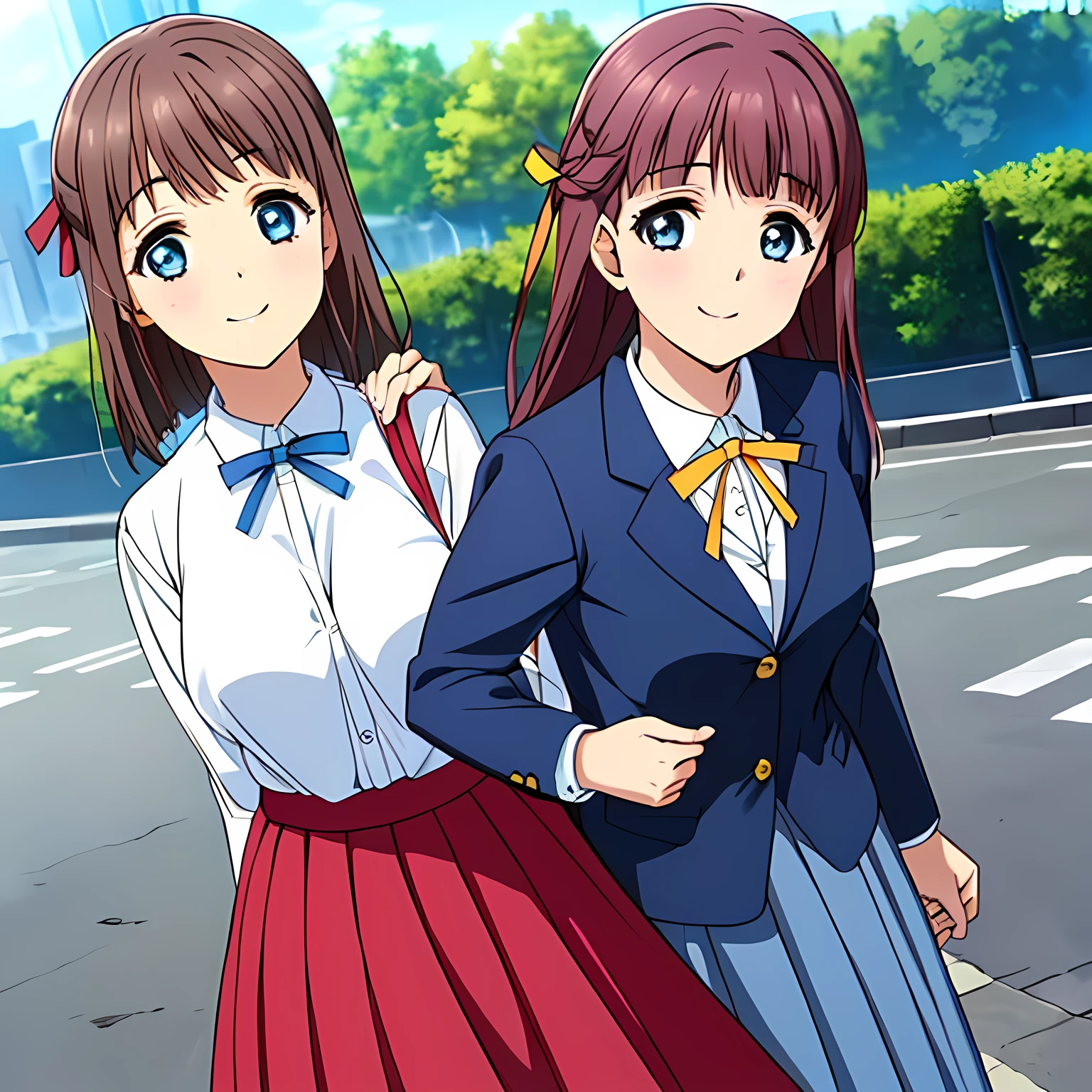 highest quality, (masterpiece:1.2), Very detailed, ((Very beautiful girl in school uniform1A fashion model is looking at the camera and asking the viewer)), ((16 years old)), (((Brown and very shiny short bob hair))), ((Navy blue blazer)), ((Navy blue pleated long skirt)), ((((Very beautiful and shining eyes)))), ((Very long eyelashes)), A large crimson ribbon on the chest, ((An elegant expression like a noble princess)), (((A beautiful and enchanting smile))), Small face and good posture, ((Half Up)), Wind, ((Heavenly happiness)), (((In the background, the wind is blowing in a school classroom.)))