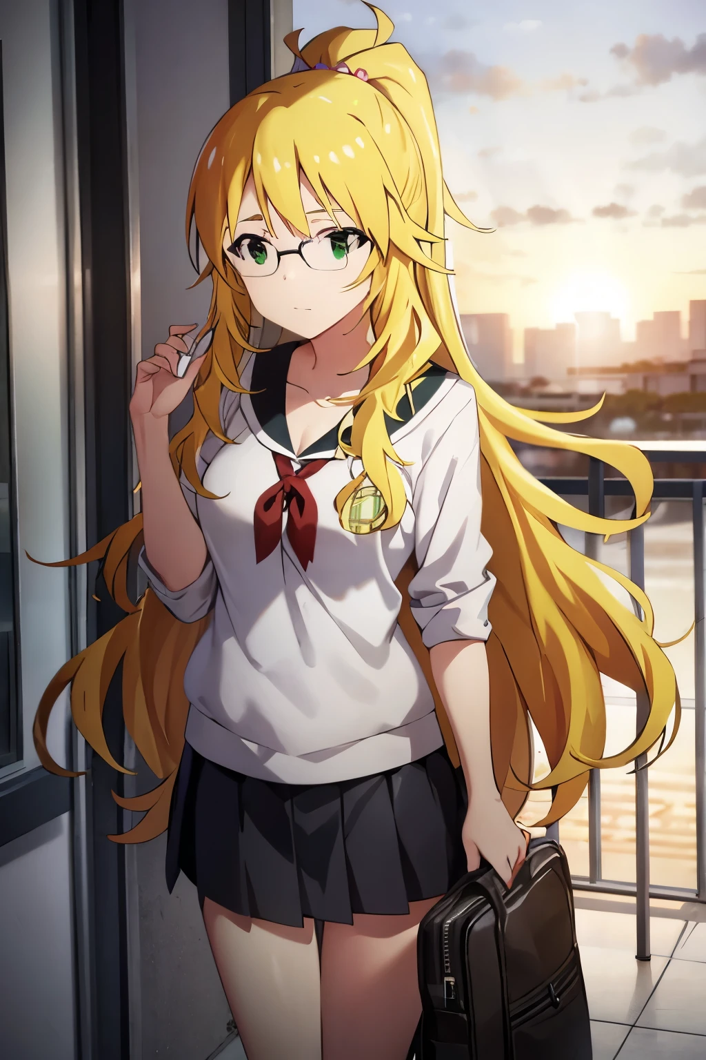 Miki Hoshii, ponytail, big glasses,school outfit, sunset