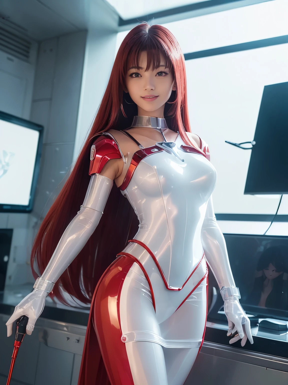 (highest quality, High resolution, masterpiece:1.2), Very detailed, Realistic:1.37, (Perfect Anatomy),1 girl, Cowboy Shot, Cute and beautiful Japanese girls),Standing posture,Sailor Mars,(Converted into a cyborg:1.1),Very cute face,,(Big smile),(LED Eyes;1.3),,Beautiful Skin, Detailed facial features,The body is slim,Beautiful Hair, red straight long hair,White long gloves, (Sailor Warrior Costumes,Sailor Mars,Futuristic super tight shiny transparent PVC cyborg suit with red PVC skirt:1.4),(You can see the internal mechanisms:1.4),Red High Heels,,Traditional Earrings,, (Idol Makeup:1.1), Intricate decorative details, Silver Hair,(The background is the interior of a robotic operating room..:1.2).