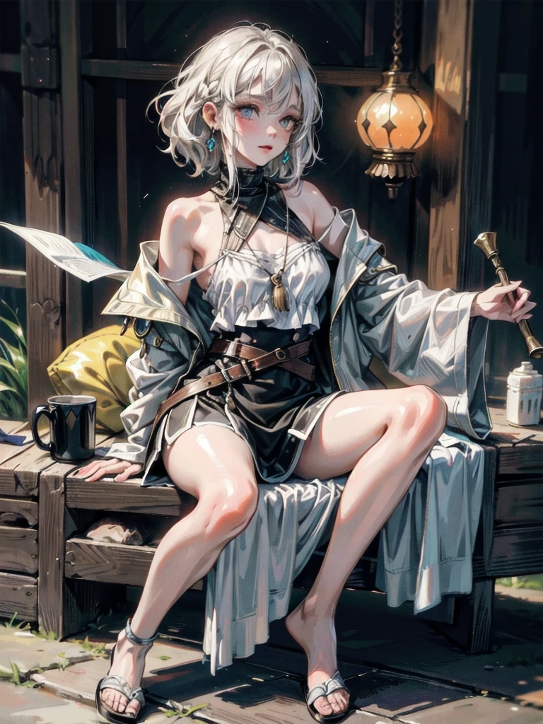 tribal poncho, absurdres, RAW photo, extremely delicate and beautiful, masterpiece, Best Quality, ultra high resolution, 32k, hyperrealistic, ultra-detailed, detailed description, pale skin, 20 years old, tearful mole, earring, short medium hair, wavy hair, full body shot,