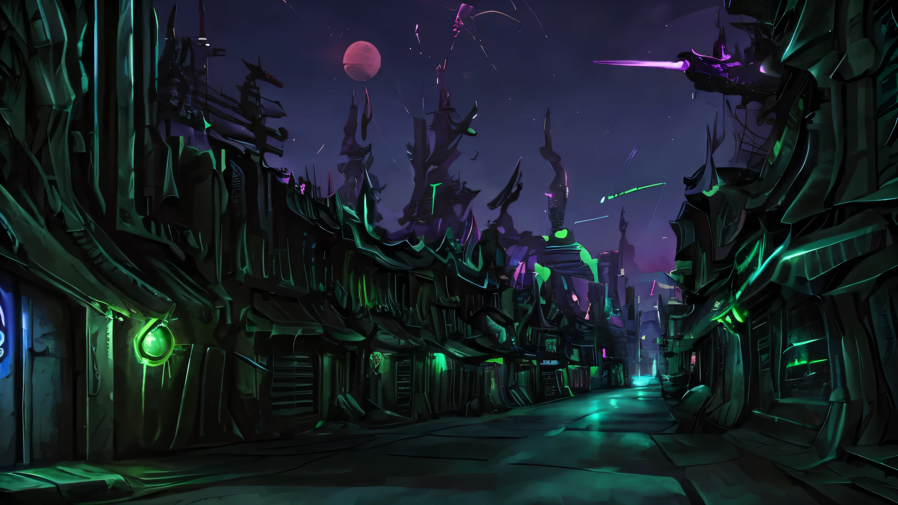 A random street of Commorragh, dark, few neon lights in green, minimal trash on the sides, dark eldar in the distance, chains connecting the façades of the buildings, drukhari, buildings are spikey and spires, sky is swirly with planets close by