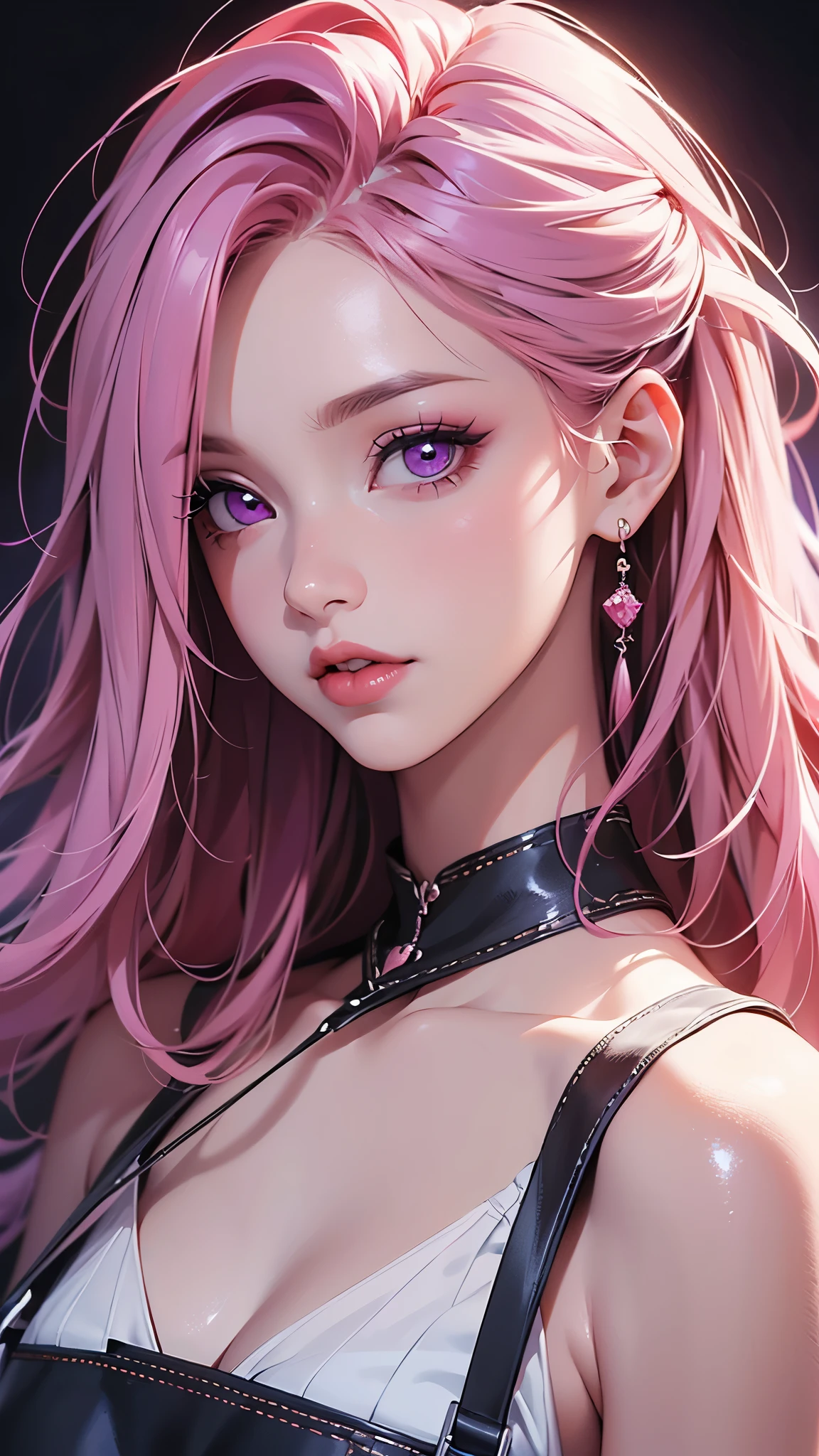 (Best quality at best,8K,A high resolution,tmasterpiece:1.2),Digital artwork, one girl，detailed face，detailed eyes，pink hair，long straight hair，glowing purple  eyes，red lip，Suspenders