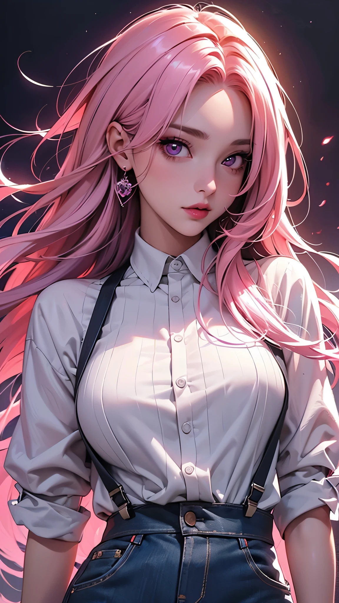 (Best quality at best,8K,A high resolution,tmasterpiece:1.2),Digital artwork, one girl，detailed face，detailed eyes，pink hair，long straight hair，glowing purple  eyes，red lip，Suspenders